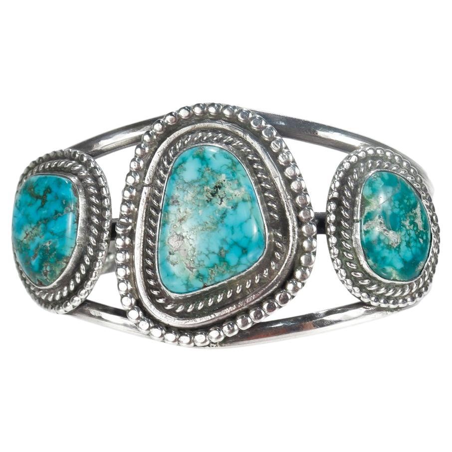 Bracelet manchette vintage Old Pawn Navajo en argent et turquoise 