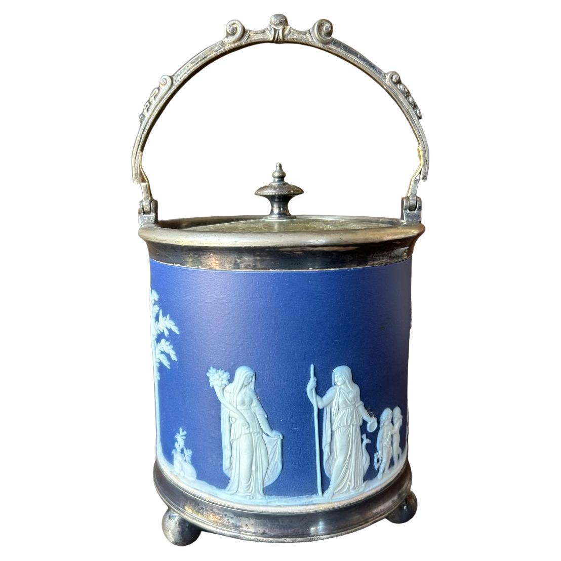 Vintage Old Wedgwood Dark Blue Jasperware Biscuit Barrel Cookie Jar Vessel