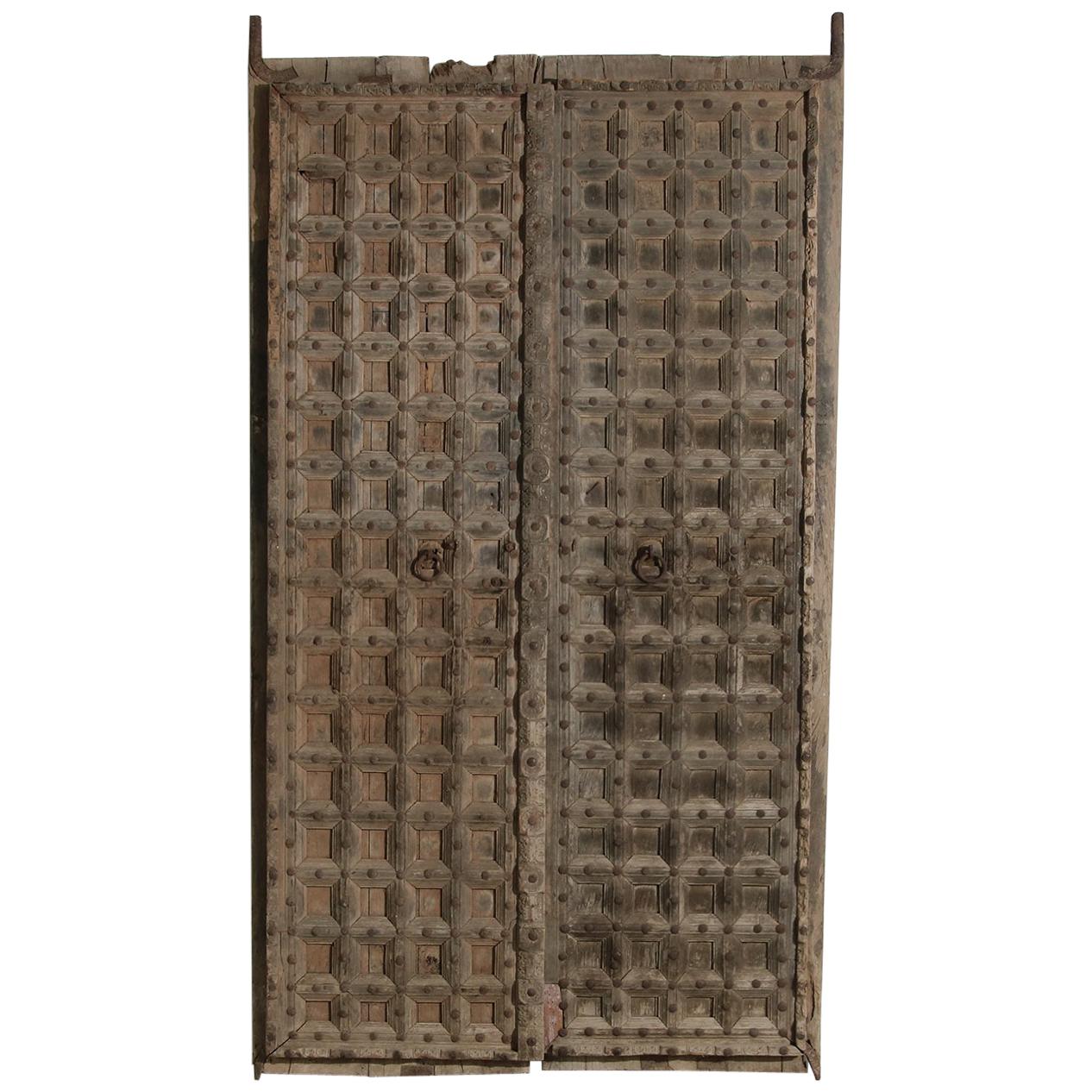 Vintage & Old Wooden Moroccan Door with Iron & Metal Knocker, Wabi Sabi, Antique
