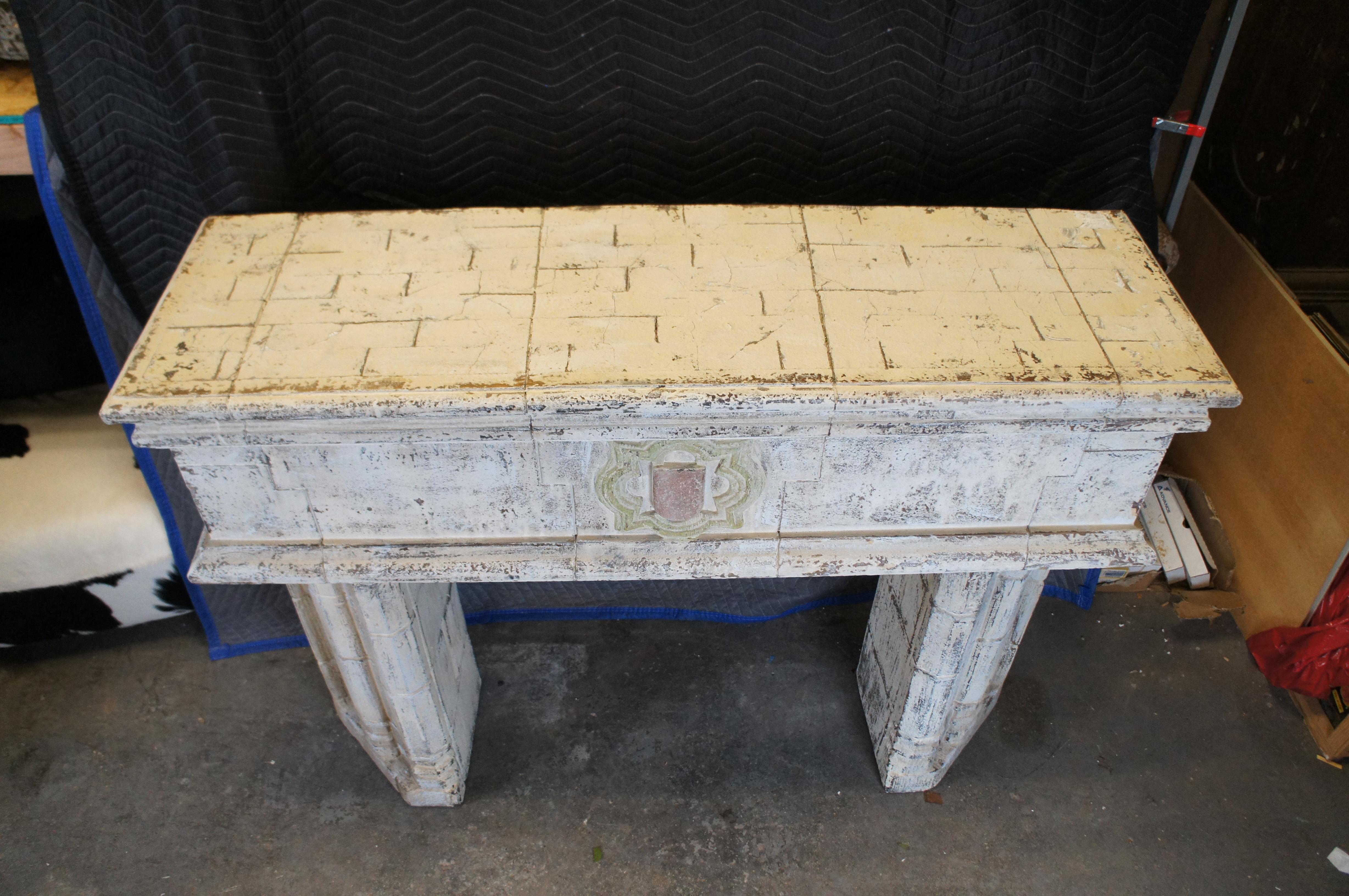 20th Century Vintage Old World Distressed Resin Fireplace Mantel Dry Bar Sideboard 56