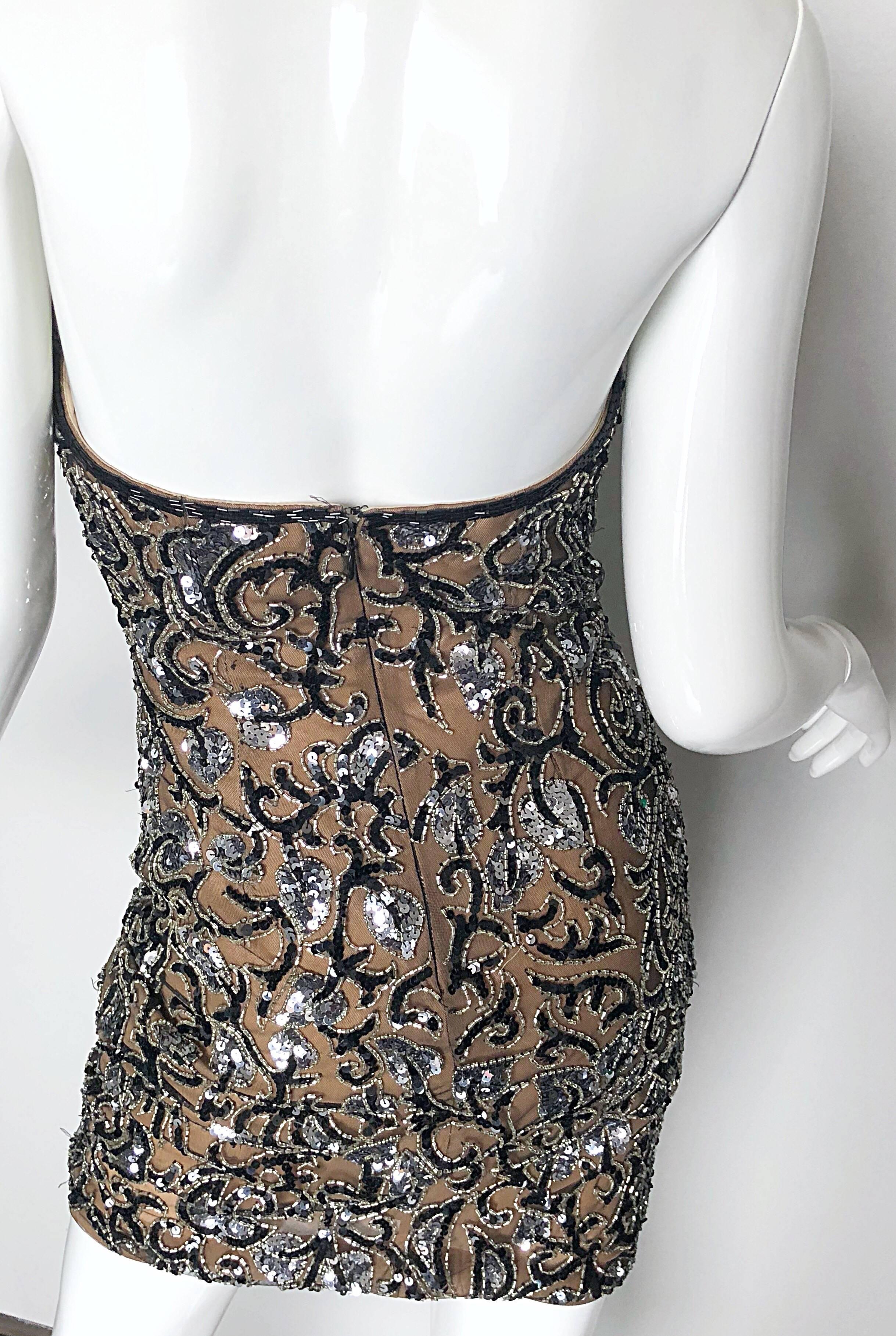 Vintage Oleg Cassini Size 2 1990s Black + Nude Beaded Silk Mini 90s Halter Dress In Excellent Condition For Sale In San Diego, CA