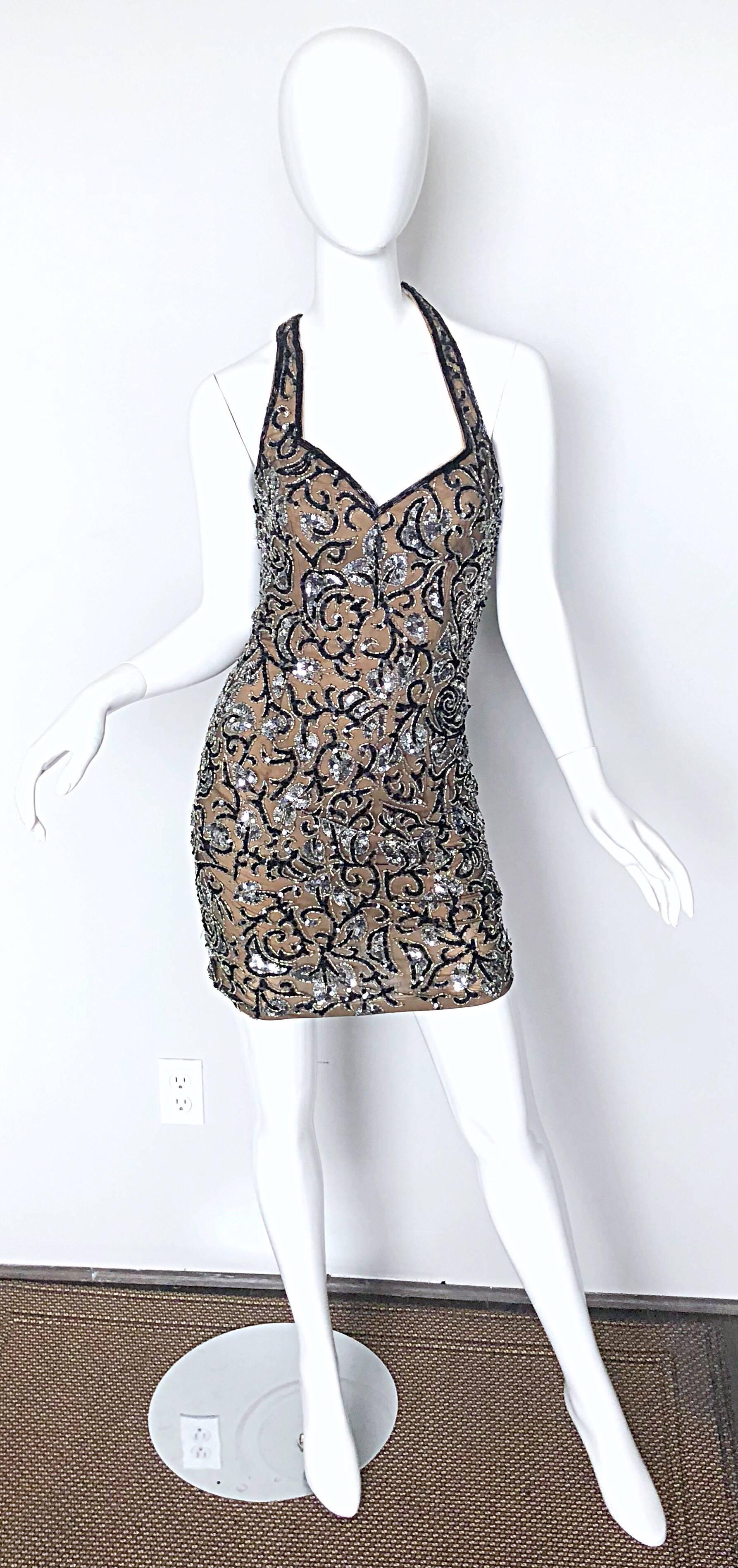 Vintage Oleg Cassini Size 2 1990s Black + Nude Beaded Silk Mini 90s Halter Dress For Sale 2