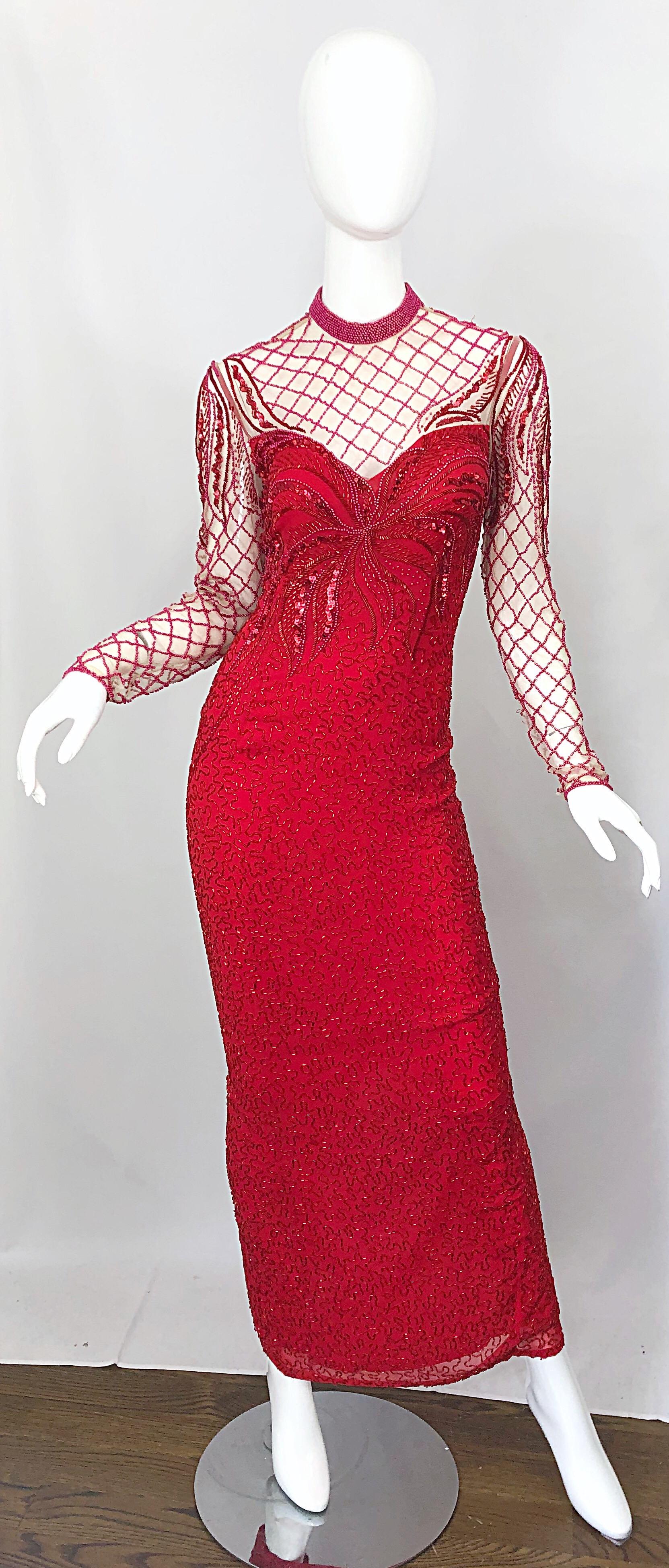 Vintage Oleg Cassini 1990s Lipstick Red Beaded Silk Chiffon 90s Evening Gown For Sale 3