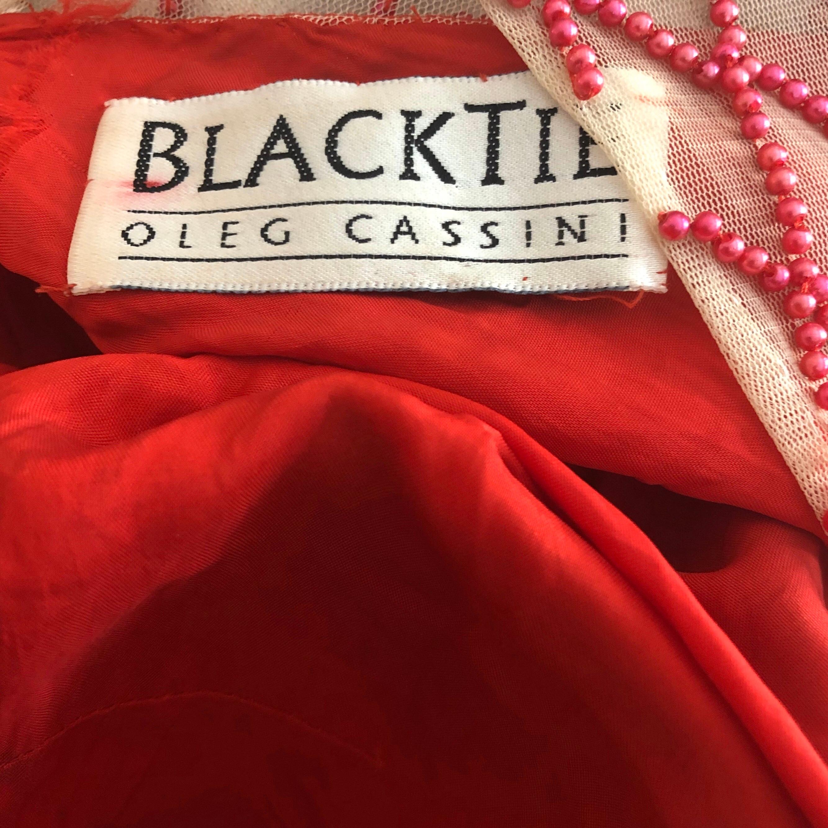 Vintage Oleg Cassini 1990s Lipstick Red Beaded Silk Chiffon 90s Evening Gown For Sale 4