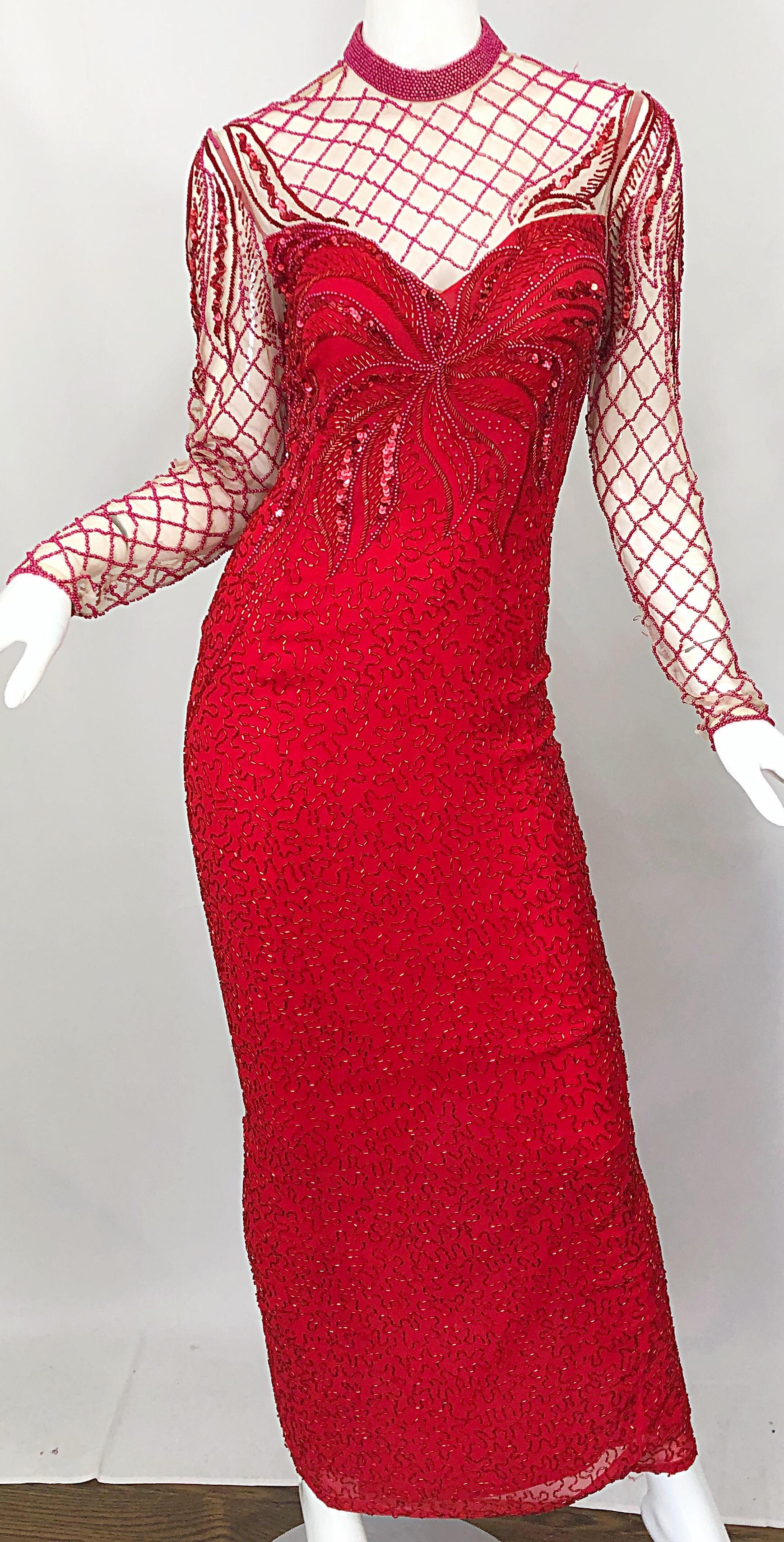 Vintage Oleg Cassini 1990s Lipstick Red Beaded Silk Chiffon 90s Evening Gown In Excellent Condition For Sale In San Diego, CA