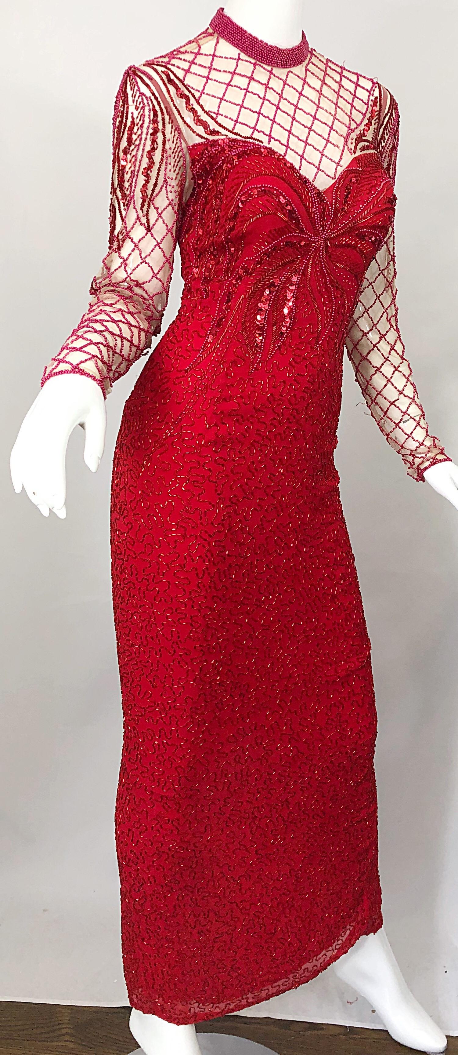 Women's Vintage Oleg Cassini 1990s Lipstick Red Beaded Silk Chiffon 90s Evening Gown For Sale