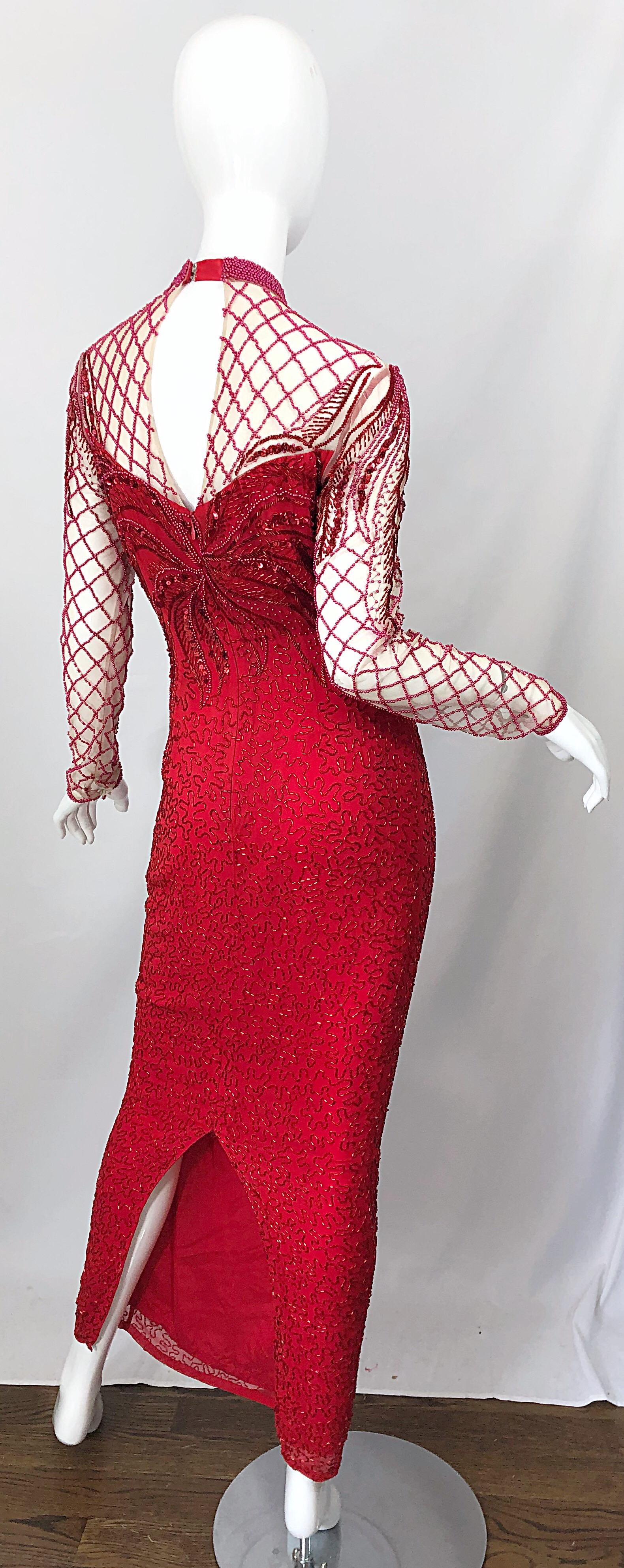 Vintage Oleg Cassini 1990s Lipstick Red Beaded Silk Chiffon 90s Evening Gown For Sale 2
