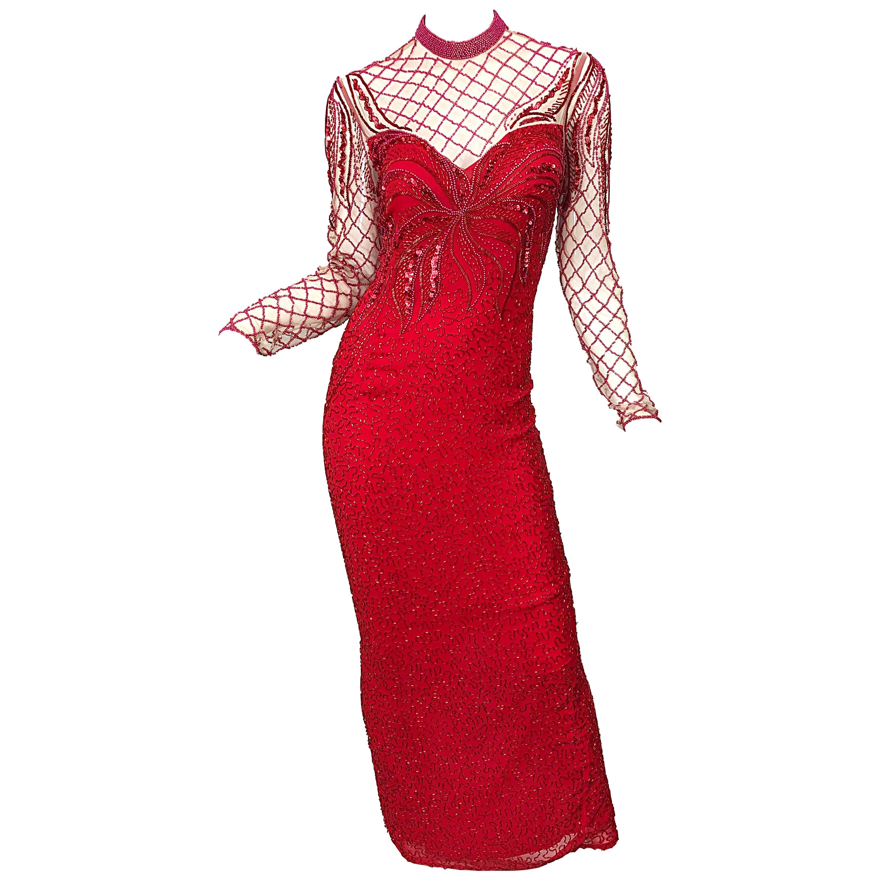 Vintage Oleg Cassini 1990s Lipstick Red Beaded Silk Chiffon 90s Evening Gown