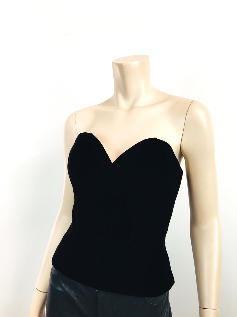 Vintage Oleg Cassini Black Tie Black Velvet Strapless Bustier Halter Top For Sale at 1stDibs