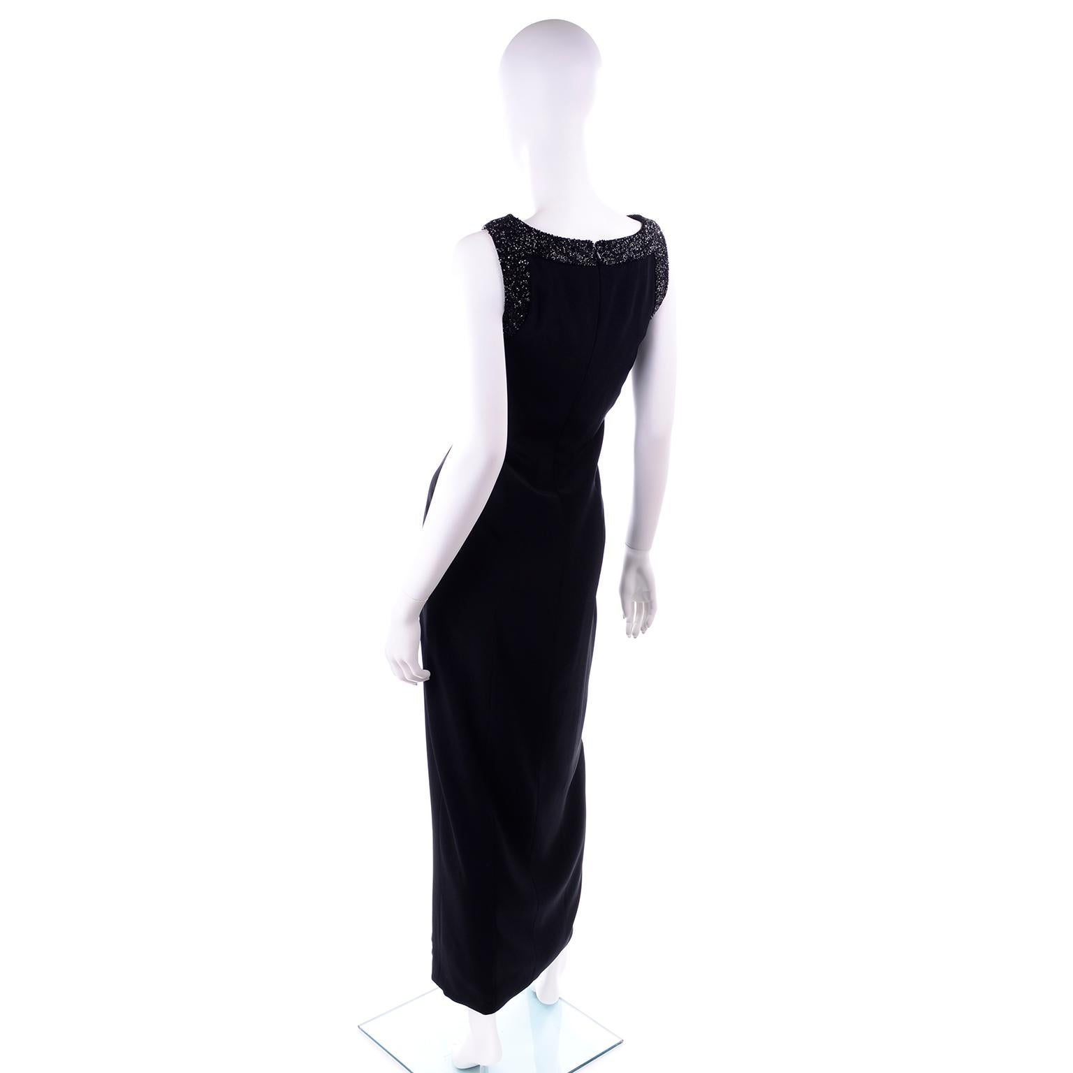 Black Vintage Oleg Cassini Beaded Evening Dress w Cutwork Bodice & Thigh High Slit For Sale
