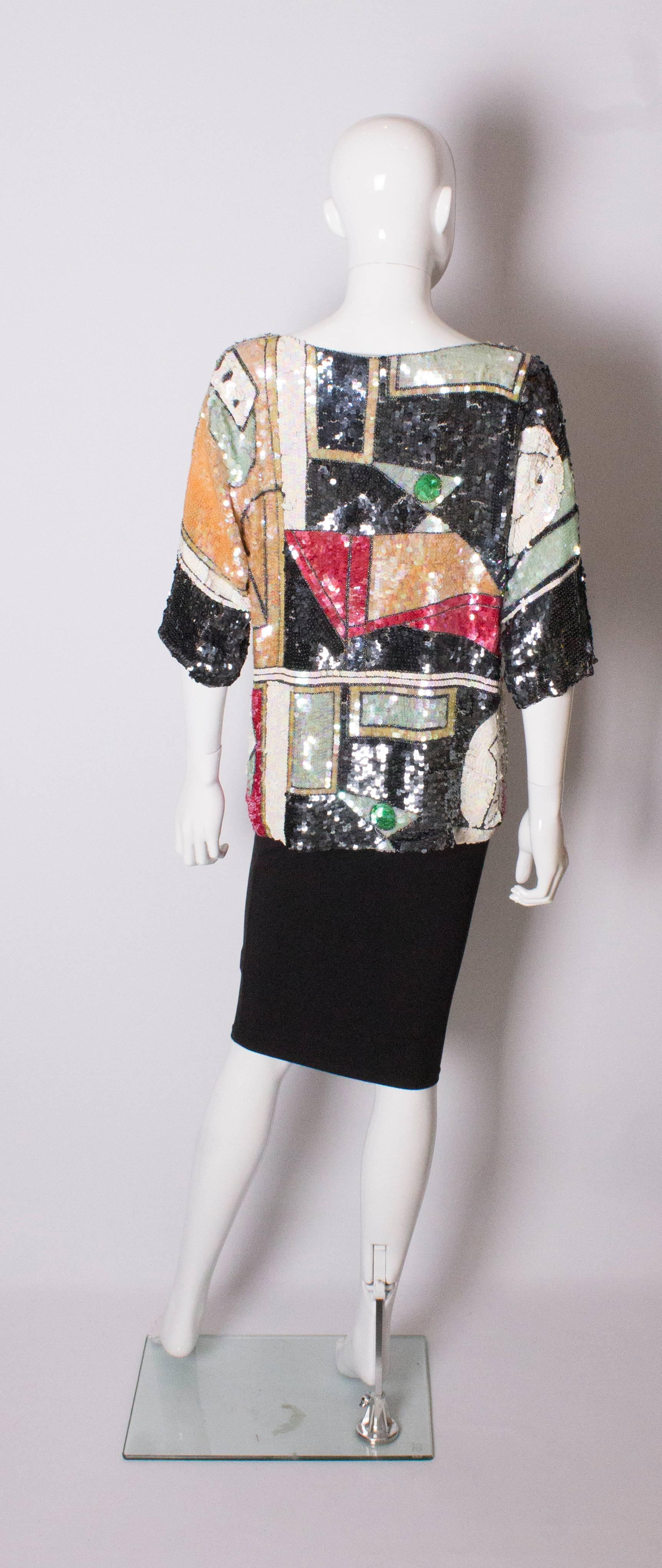 Beige Vintage Oleg Cassini Multi Colour Sequin Top