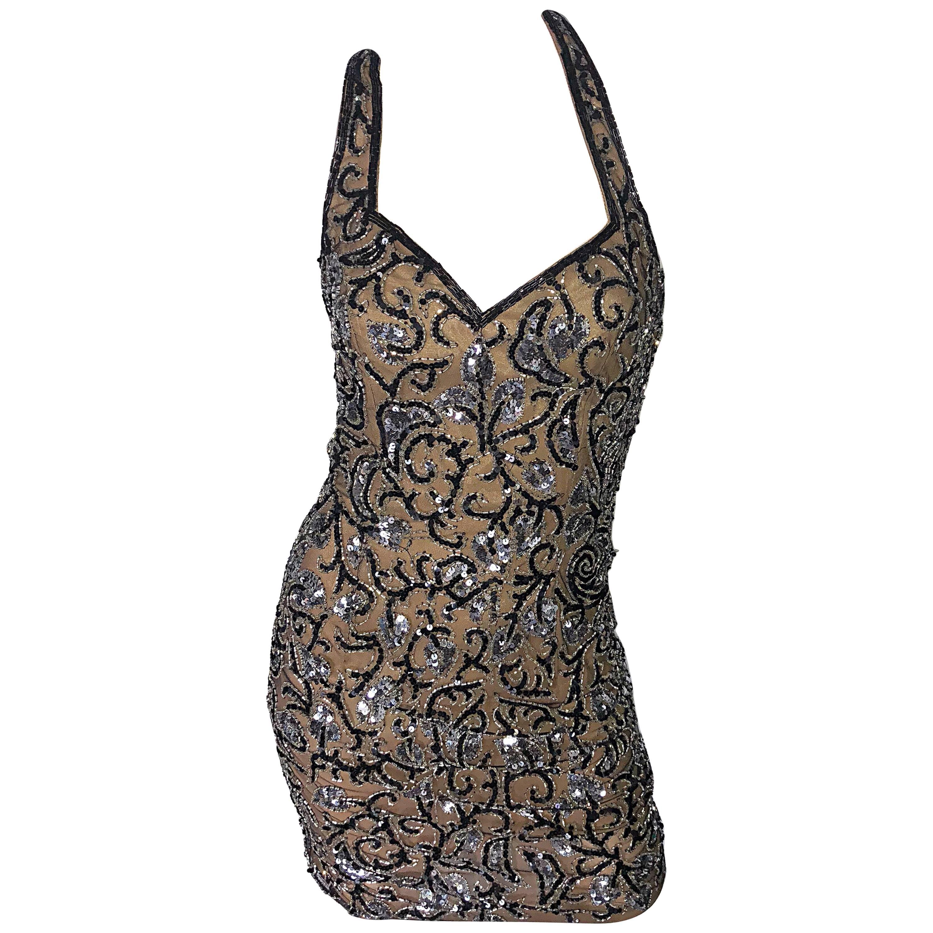 Vintage Oleg Cassini 1990er Schwarz + Nude Perlen Seide Mini 90er Halter Kleid Größe 2