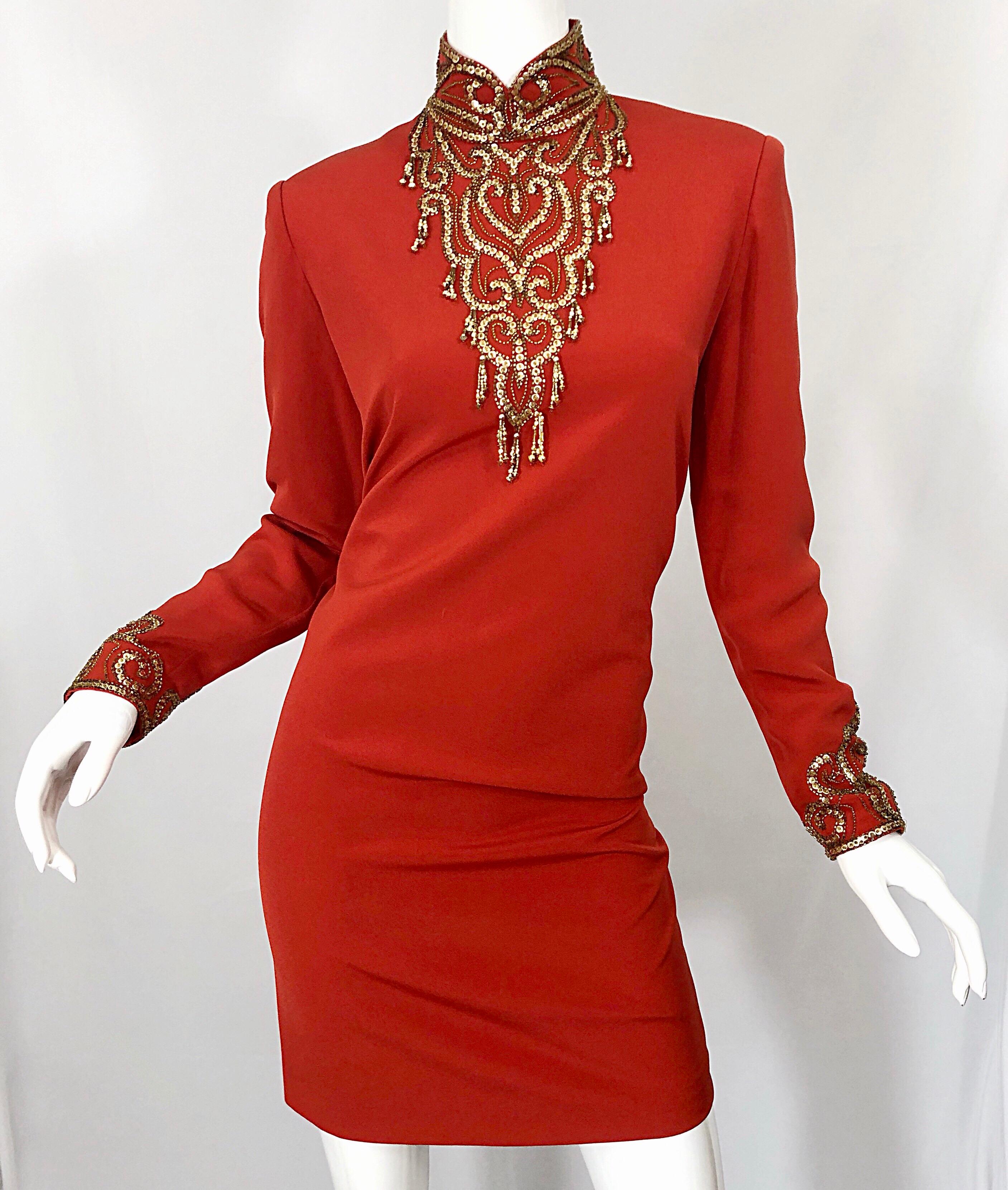 Vintage Oleg Cassini Size 8 1990s Burnt Orange Beaded 90s Long Sleeve Silk Dress 8