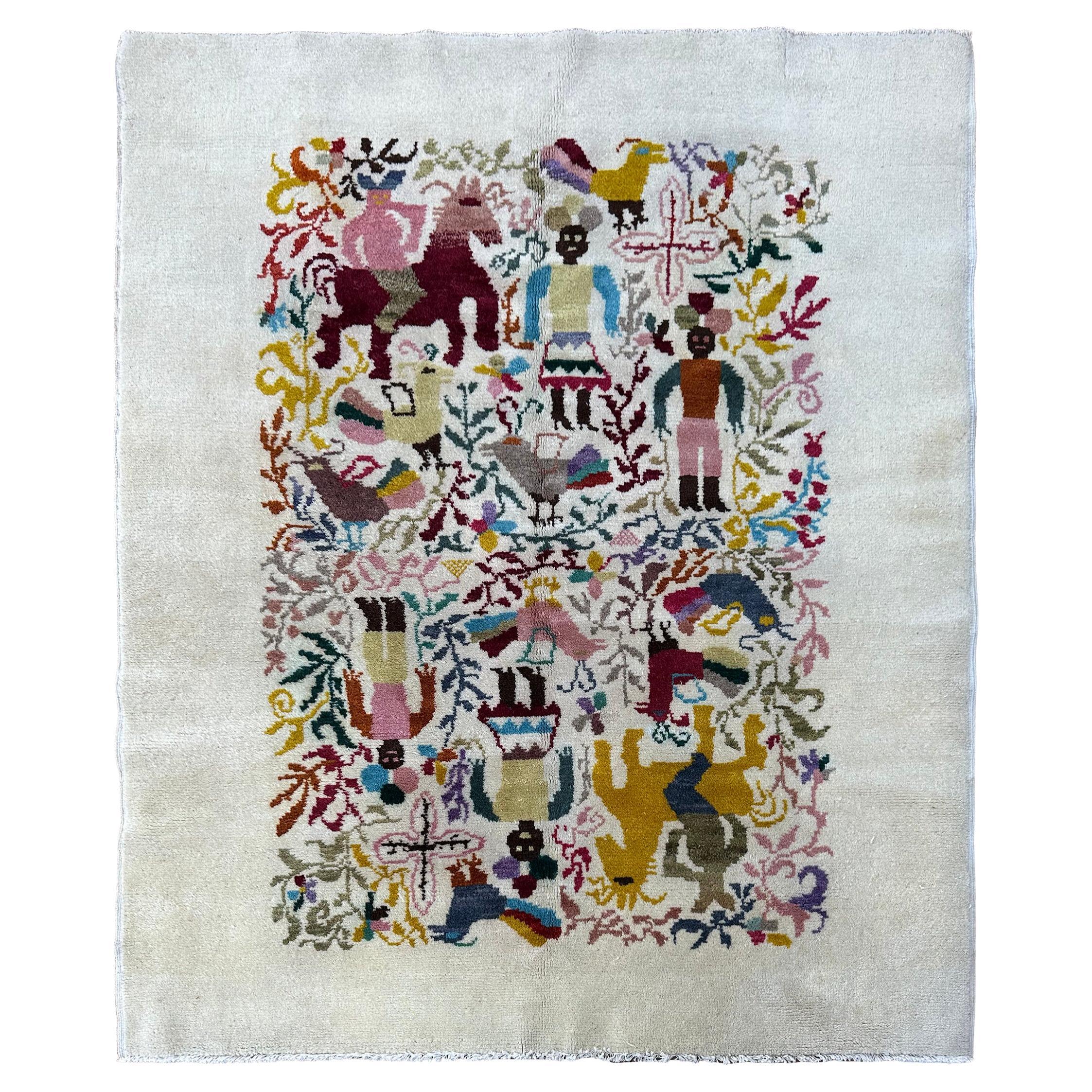 Vintage Olga Fisch Folk Art Ecuadorian Rug 125cmx145cm Tapisserie 4x5 Beige c.1955