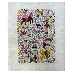 Vintage Olga Fisch Folk Art Ecuadorian Rug 125cmx145cm Tapestry 4x5 Beige c.1955