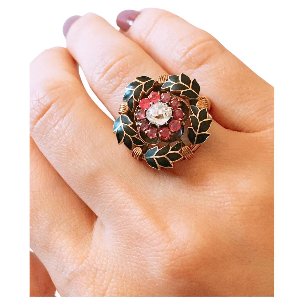 Antique Diamond And Ruby Enamel Gold Ring For Sale 1