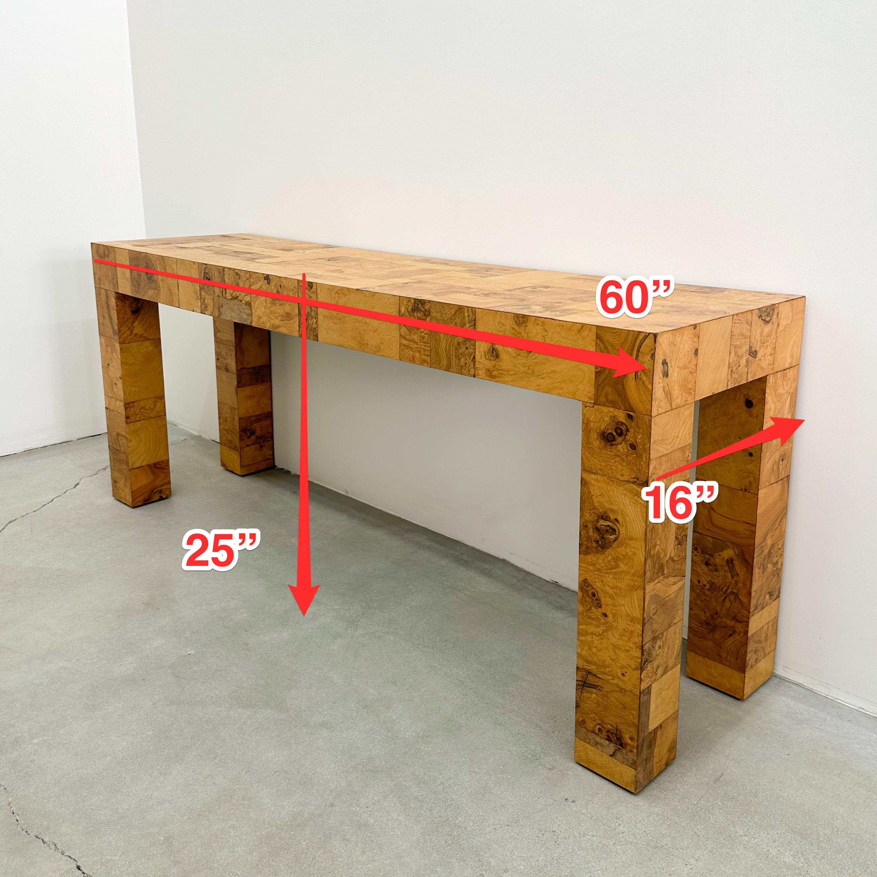 Vintage Olive Burl Wood Patchwork Console Sofa Table Entryway Table MCM Retro 70 4