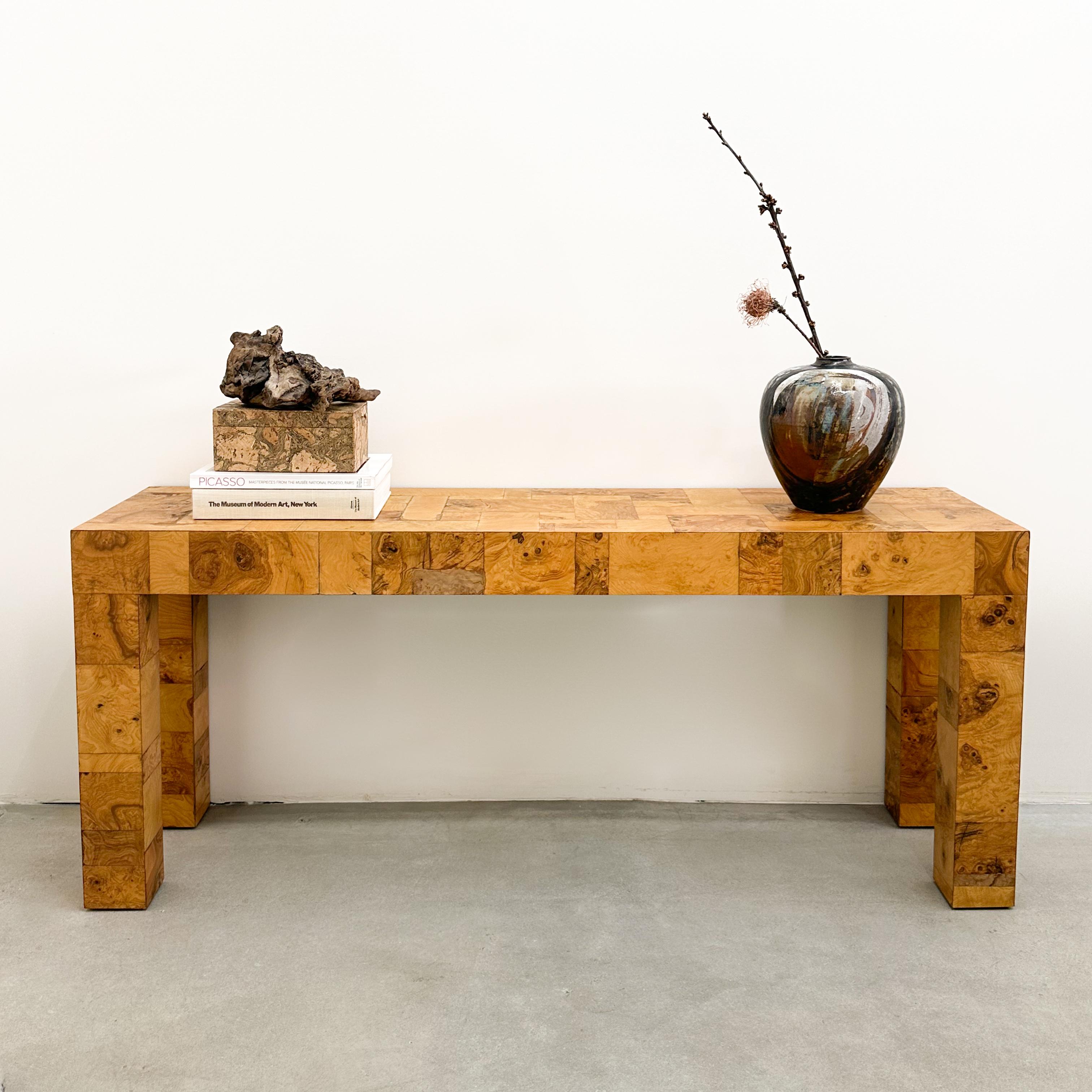 Vintage 1970s Olive Burl Wood Patchwork Console.

Color: Shades of caramel, tan, brown

Measurements: 
Width: 60