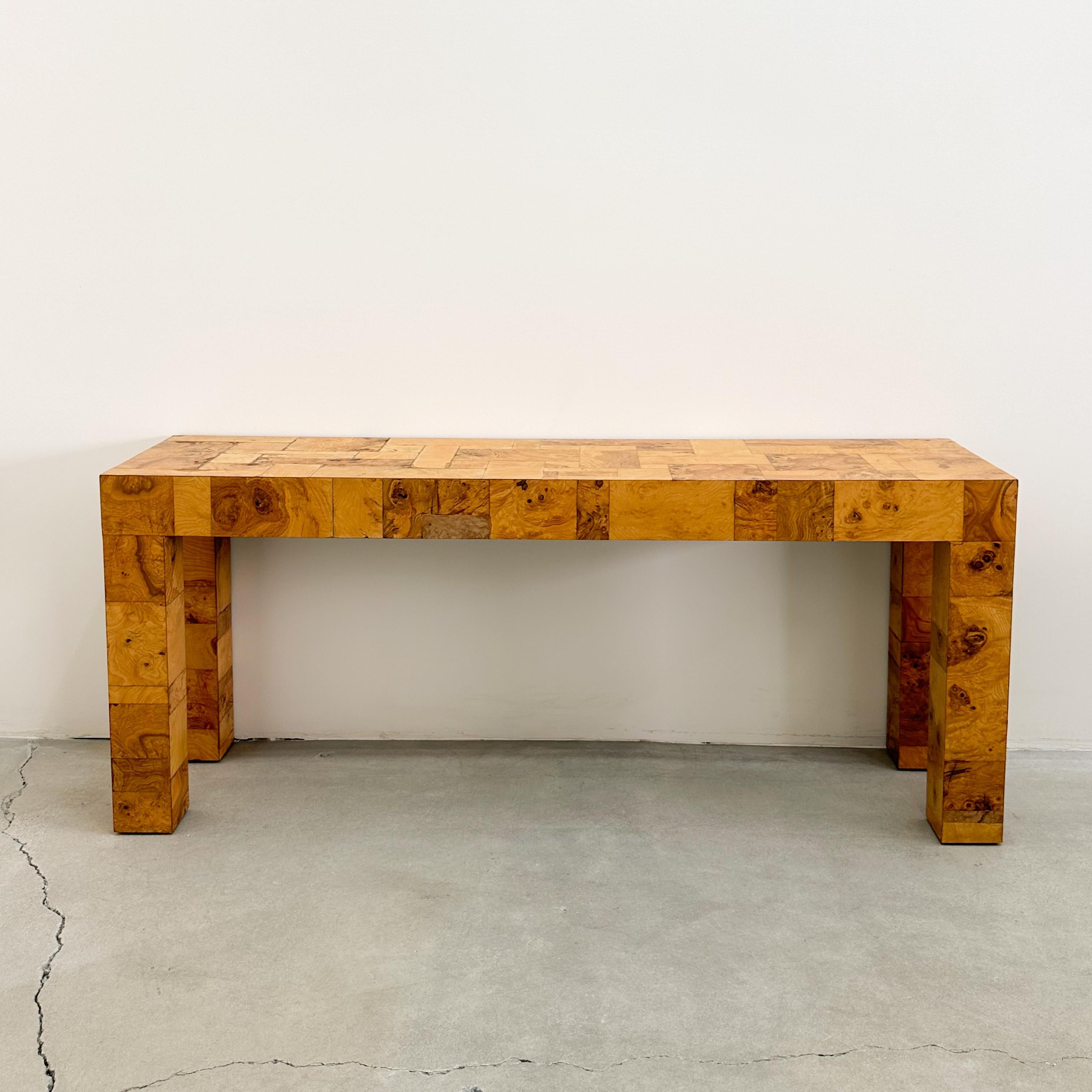 Mid-Century Modern Vintage Olive Burl Wood Patchwork Console Sofa Table Entryway Table MCM Retro 70
