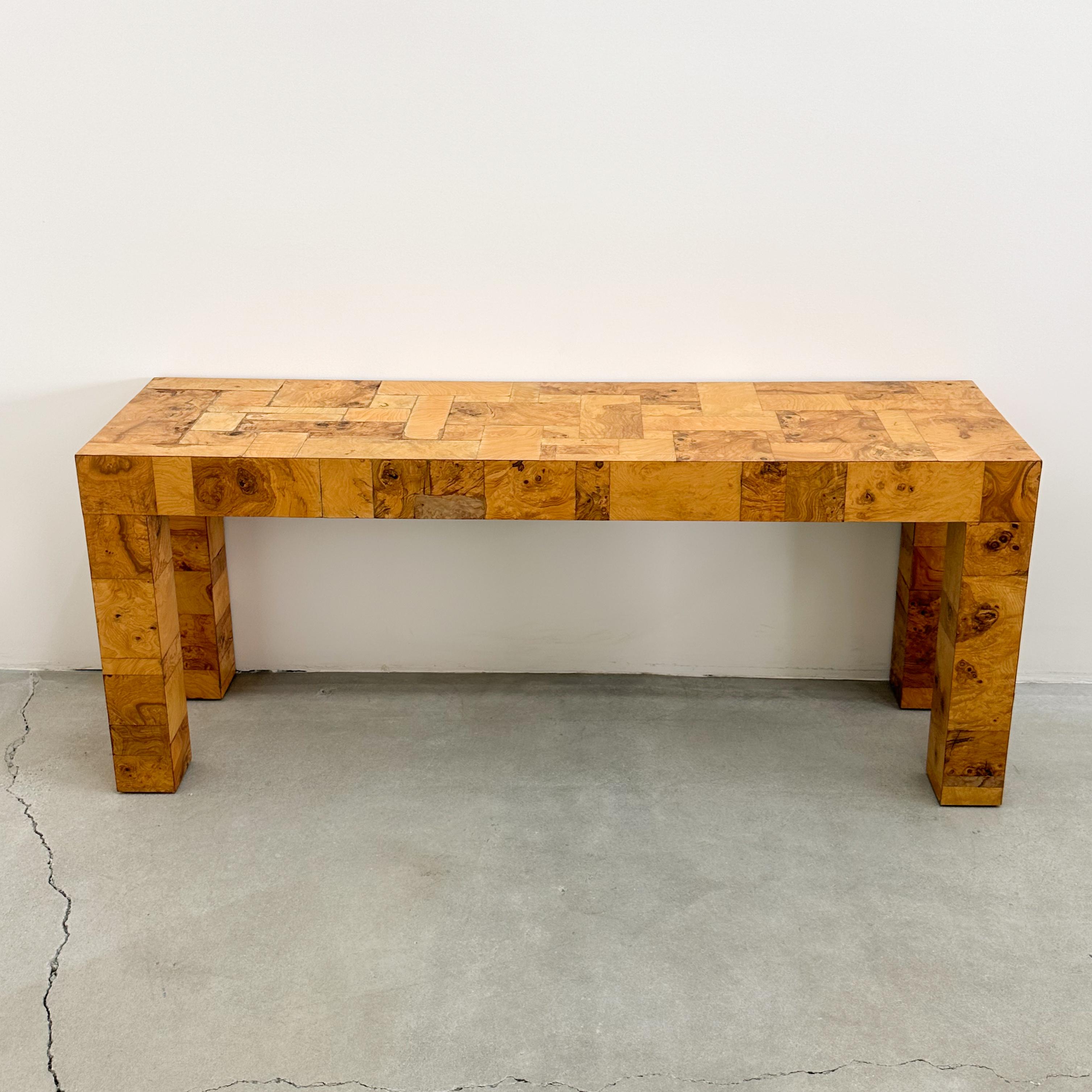 Unknown Vintage Olive Burl Wood Patchwork Console Sofa Table Entryway Table MCM Retro 70