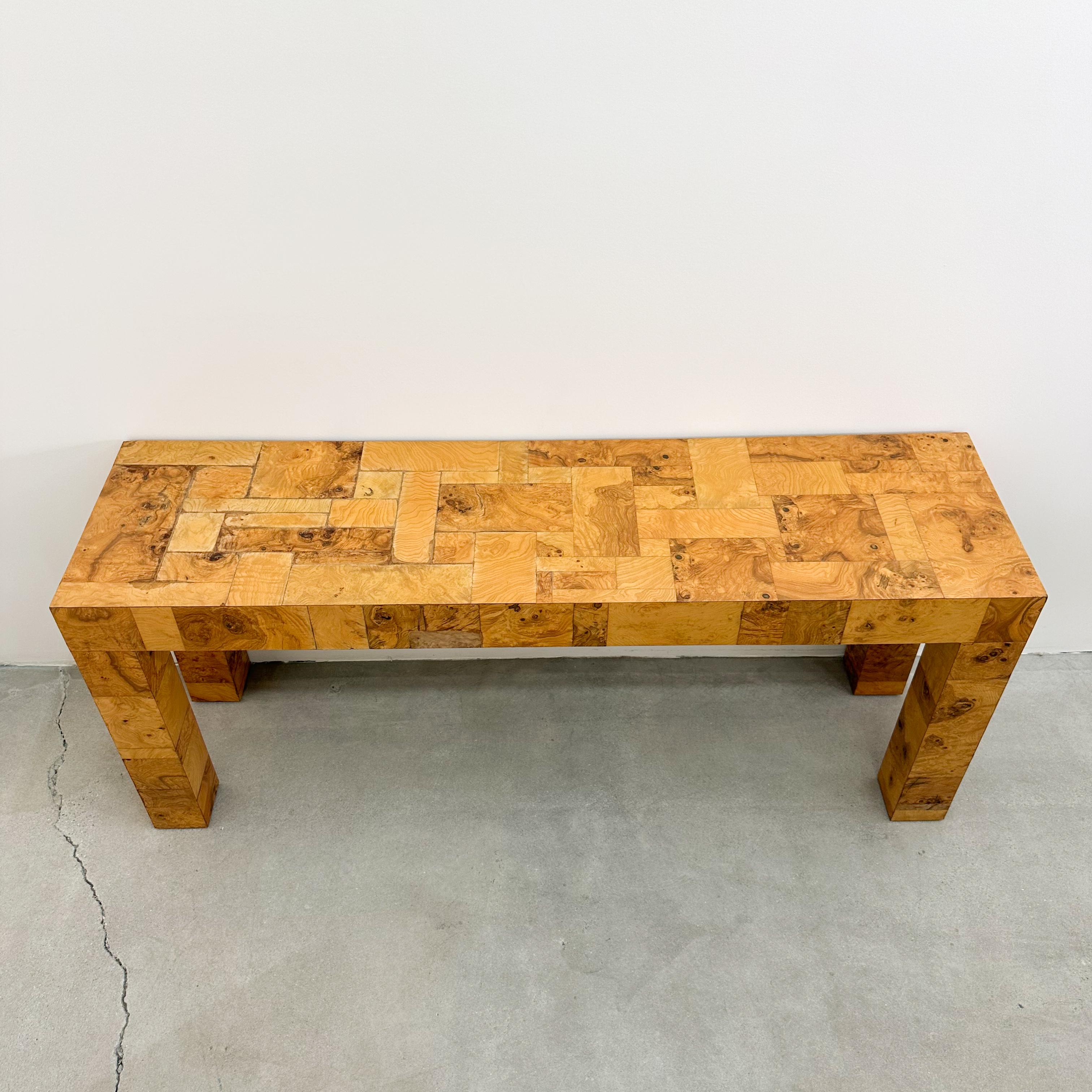 Vintage Olive Burl Wood Patchwork Console Sofa Table Entryway Table MCM Retro 70 In Good Condition In Palm Desert, CA
