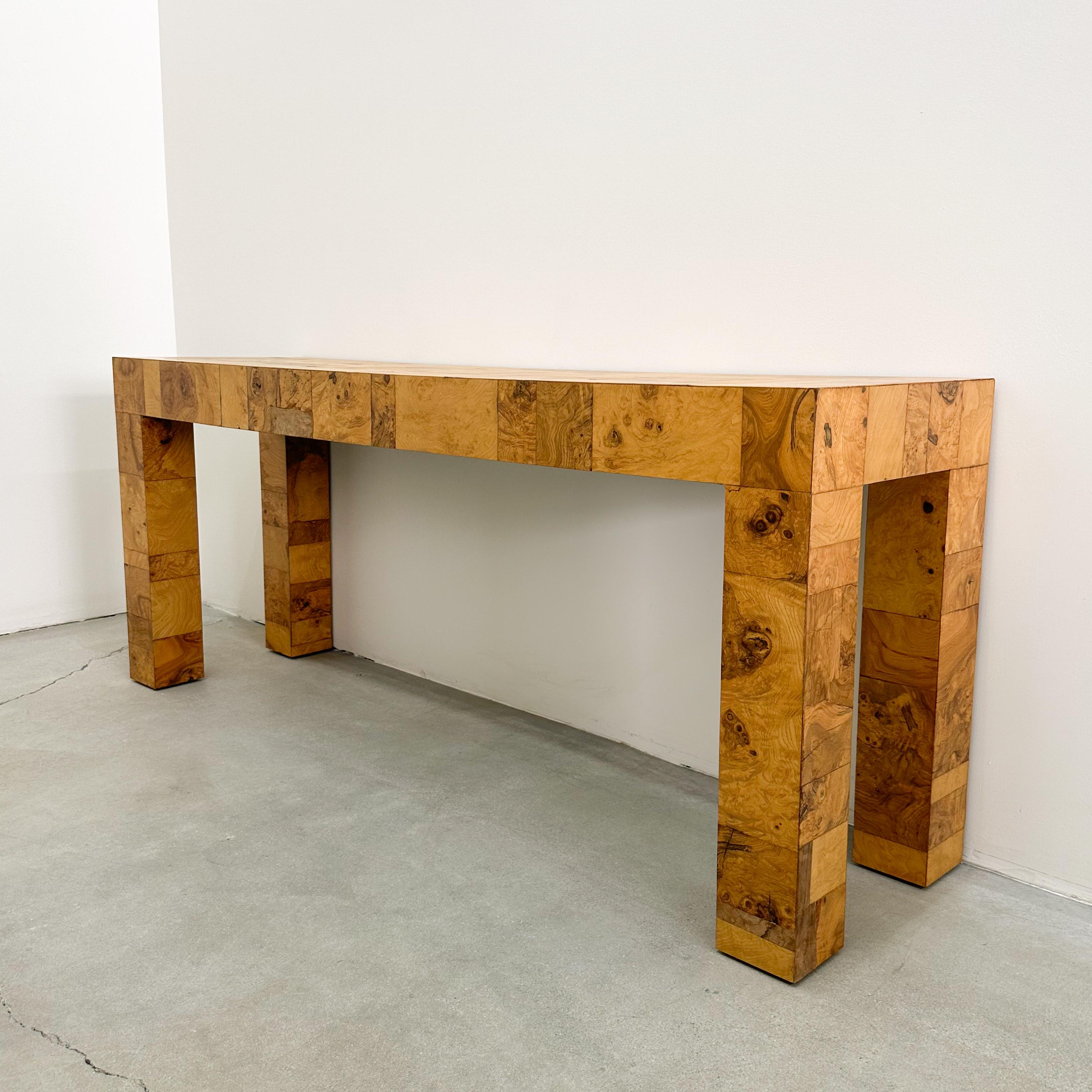 Late 20th Century Vintage Olive Burl Wood Patchwork Console Sofa Table Entryway Table MCM Retro 70