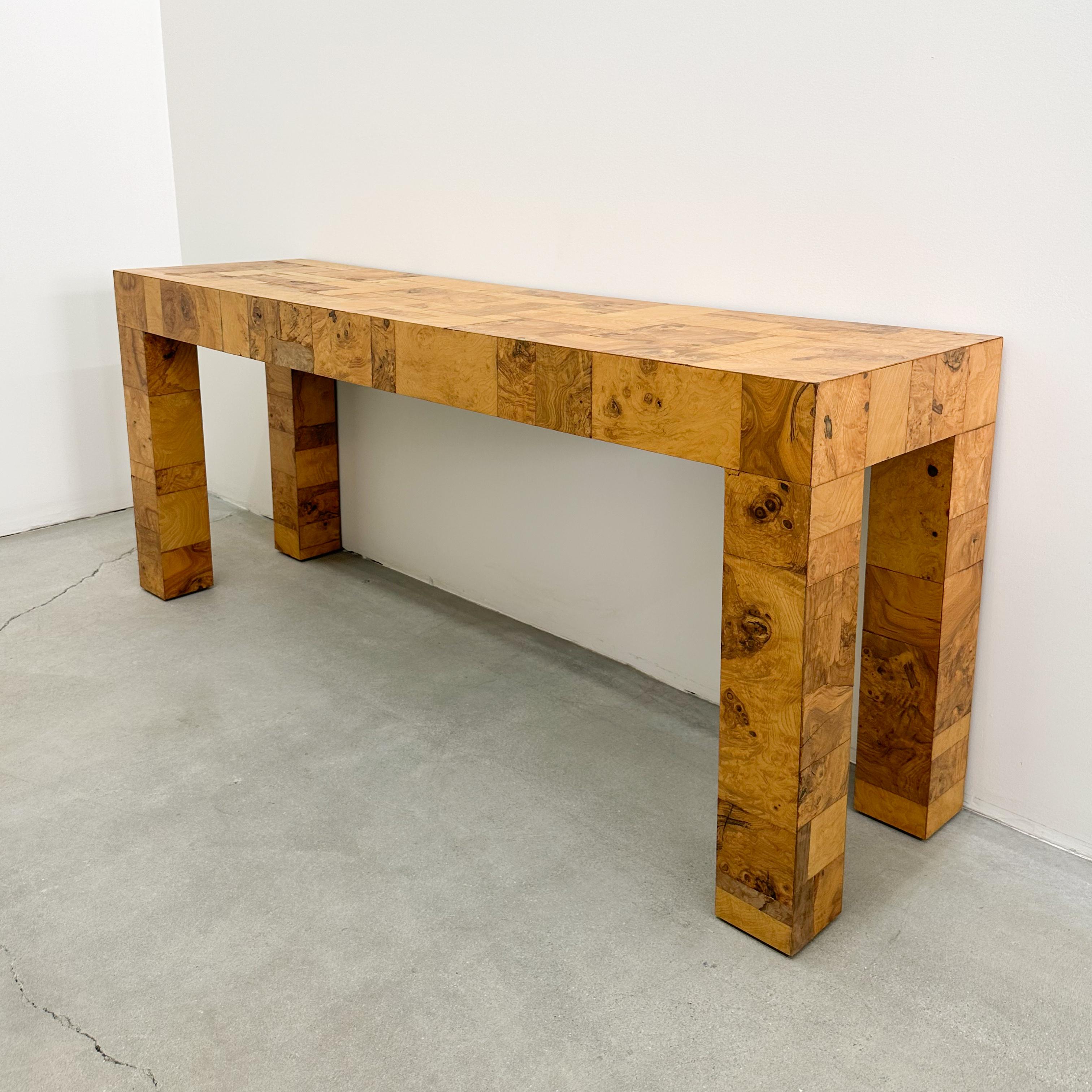 Vintage Olive Burl Wood Patchwork Console Sofa Table Entryway Table MCM Retro 70 1