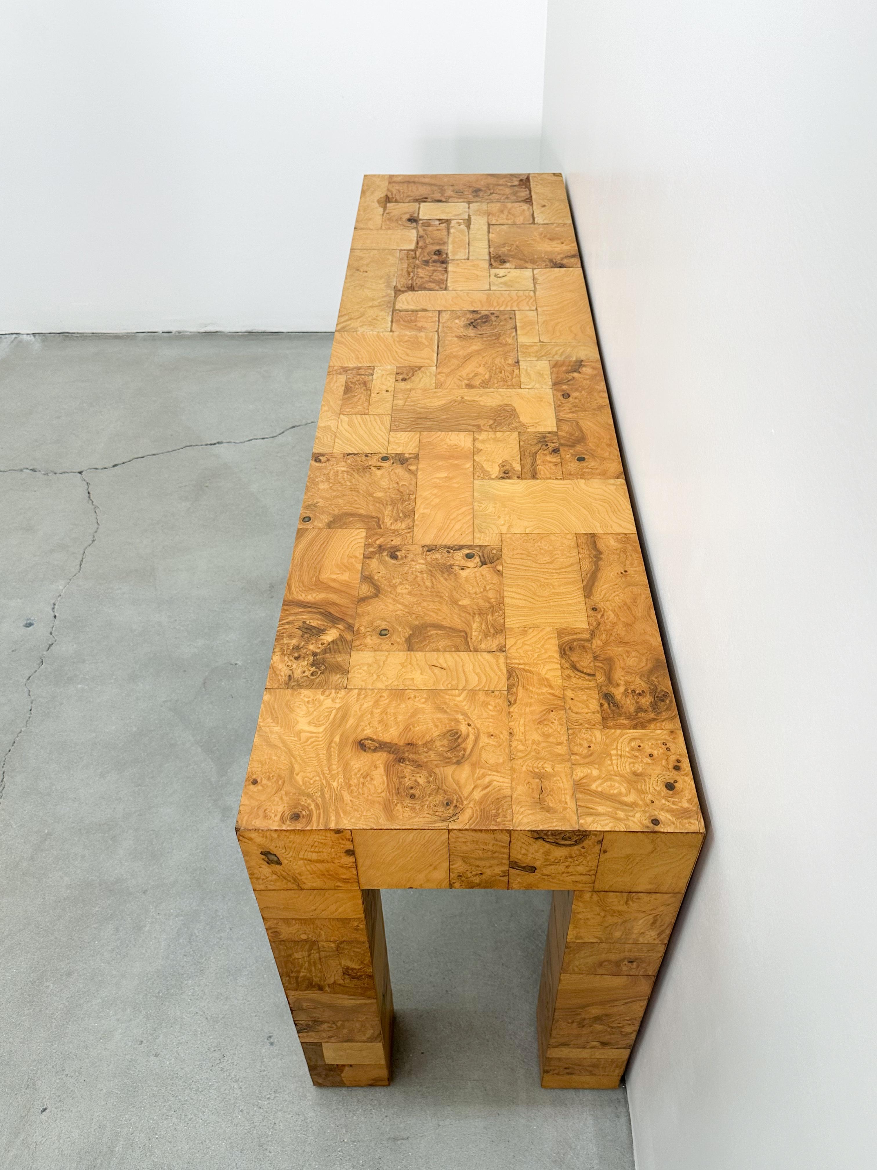 Vintage Olive Burl Wood Patchwork Console Sofa Table Entryway Table MCM Retro 70 2