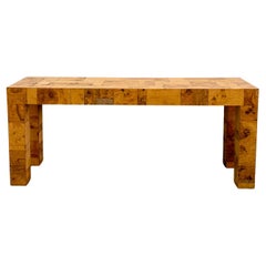 Retro Olive Burl Wood Patchwork Console Sofa Table Entryway Table MCM Retro 70
