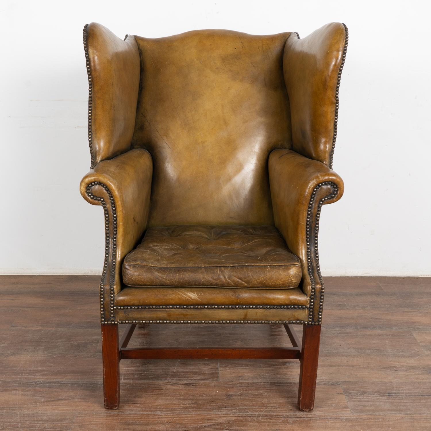 George III Vintage Olive Green Leather Wingback Armchair, Denmark circa 1960 For Sale