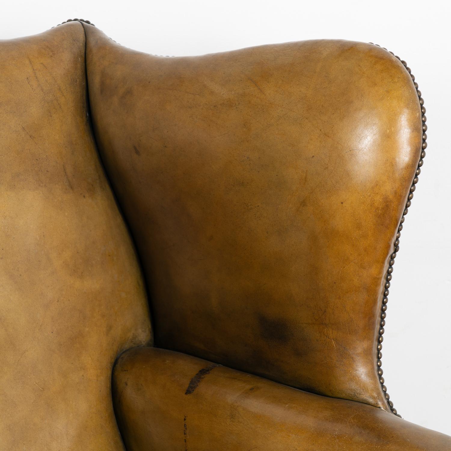 20th Century Vintage Olive Green Leather Wingback Armchair, Denmark circa 1960 For Sale