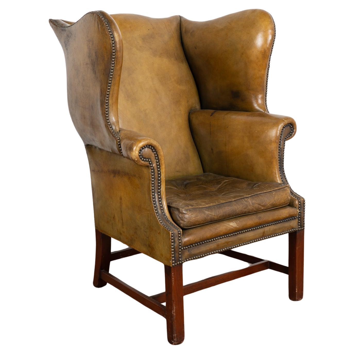 Vintage Olive Green Leather Wingback Armchair, Denmark circa 1960 For Sale