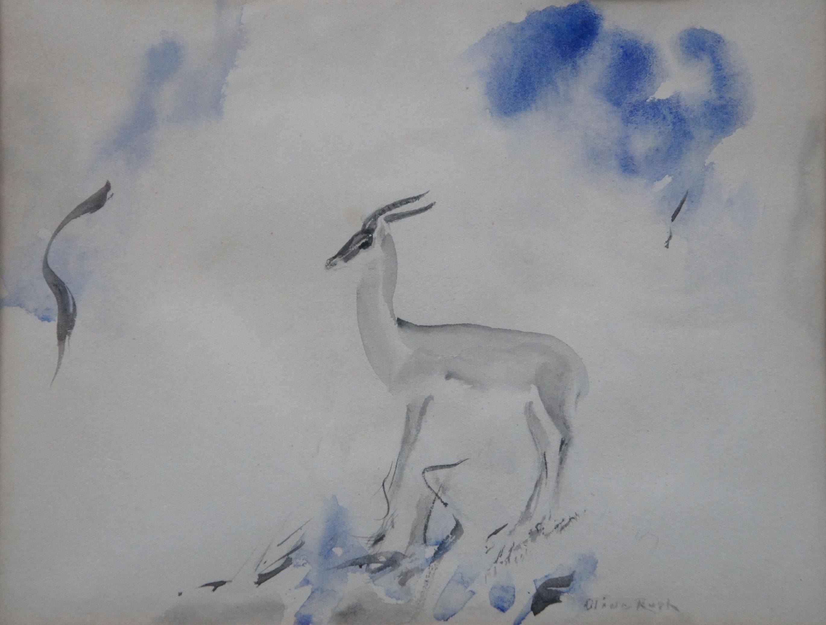 20th Century Vintage Olive Rush Gazelle Antelope Watercolor Painting Wildlife Animal