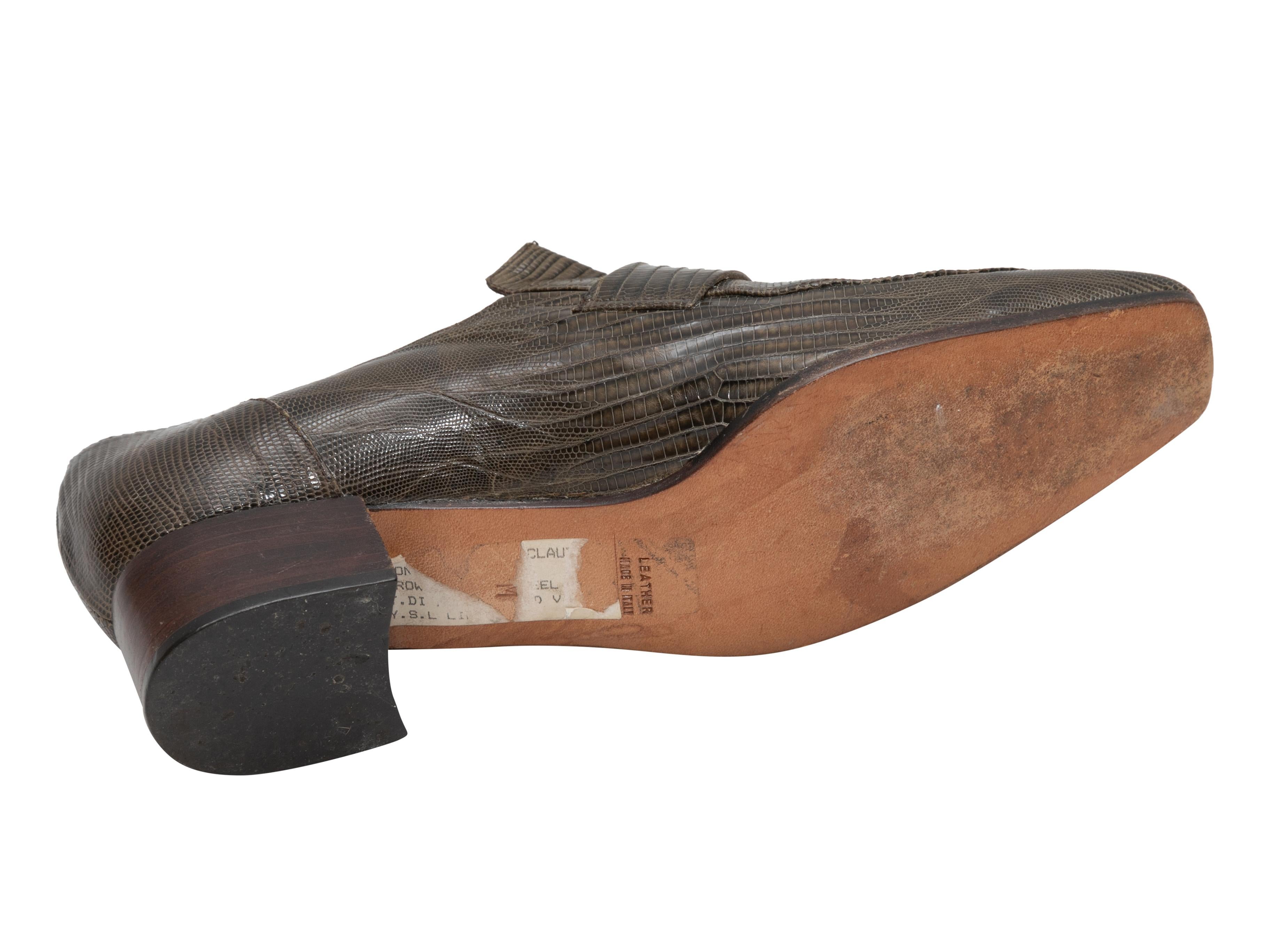 Vintage olive lizard skin loafers by Yves Saint Laurent. Stacked heels. 1.25