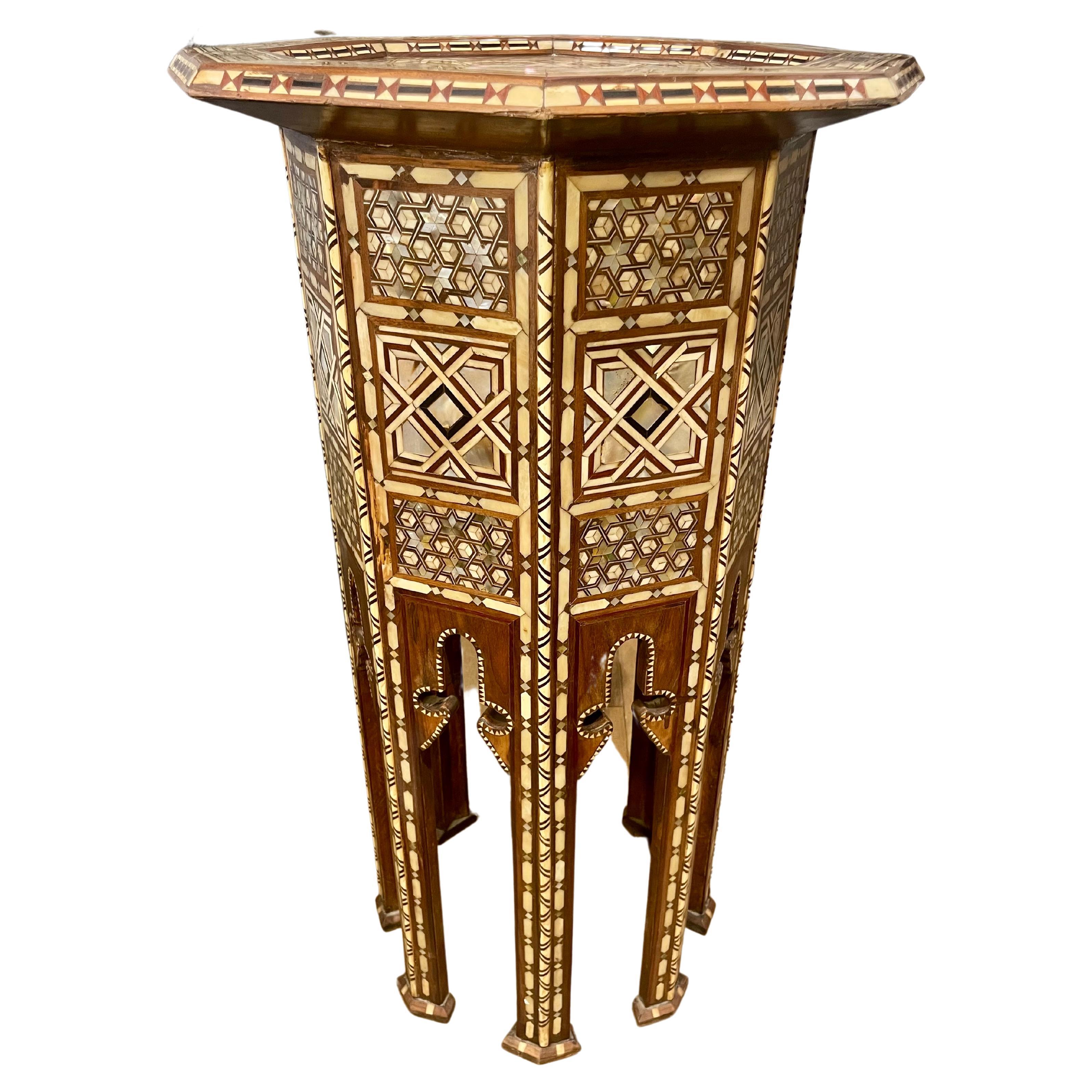 Vintage Olivewood, Mother of Pearl, and Bone Moroccan Tea Table  For Sale