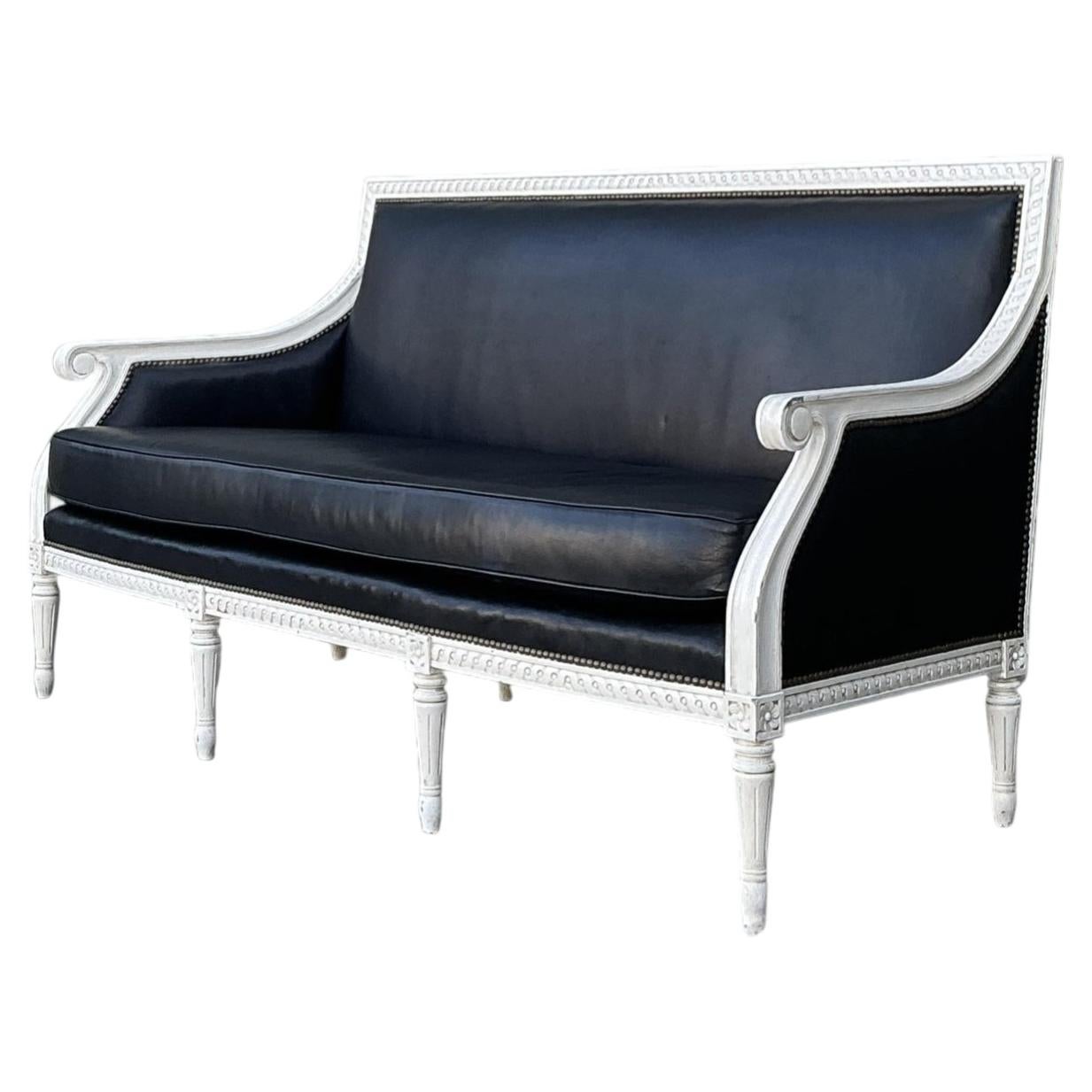 Vintage Oly “Hanna” Leather Louis XVI Style Sofa For Sale