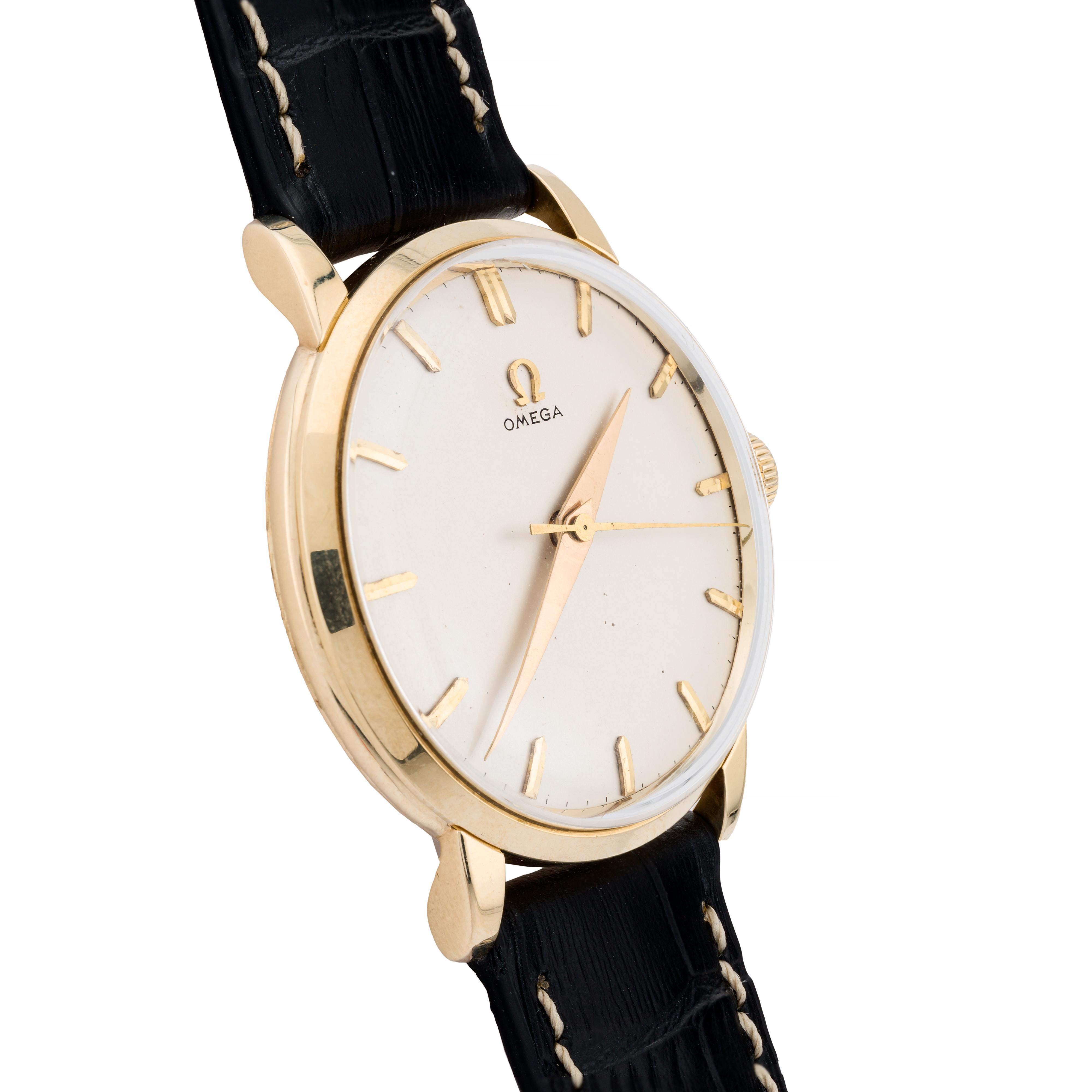 Aston Estate Jewelry Presents:

A distinguished Omega wristwatch from 1965, crafted in Switzerland. This timepiece exemplifies Omega's commitment to precision and elegance.

The watch features a round 34mm face, elegantly framed in 14k yellow gold.