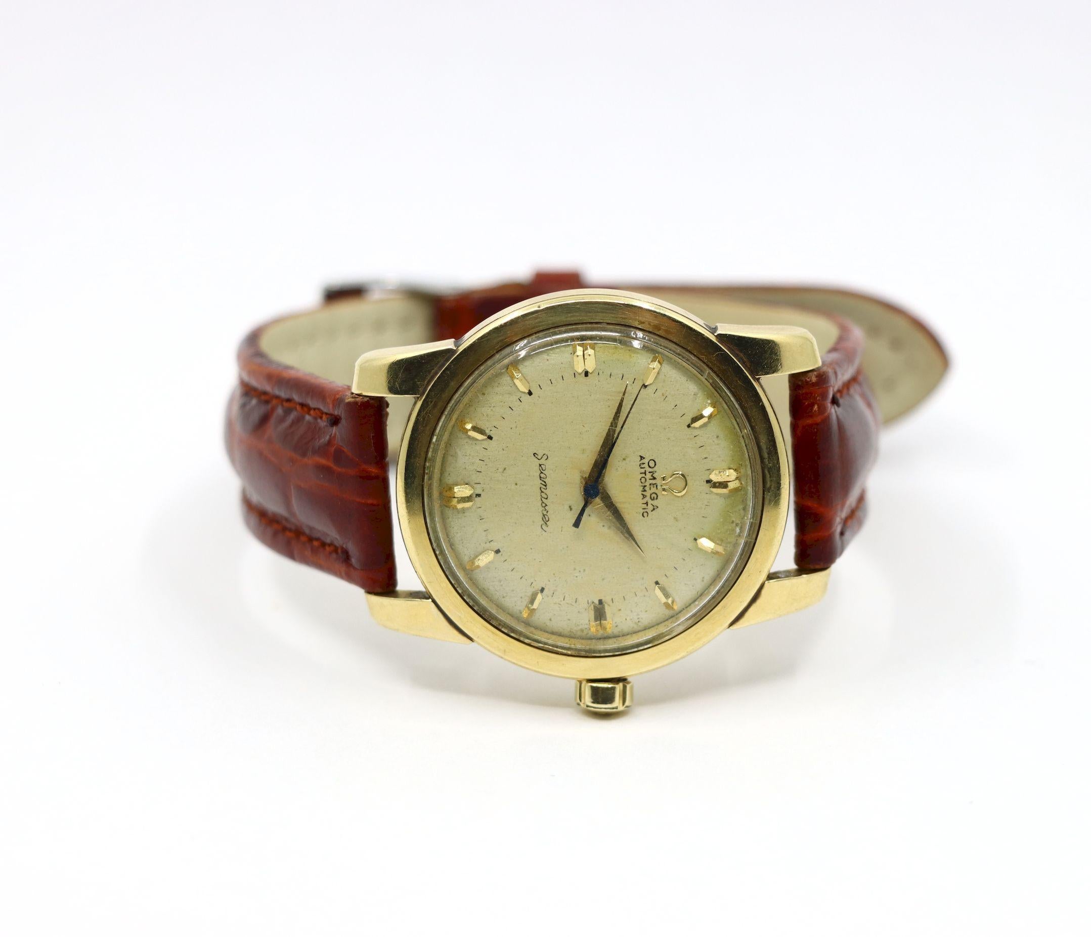 Montre Vintage Omega 14K Gold Automatic Seamaster Brown Leather Bon état - En vente à Flushing, NY