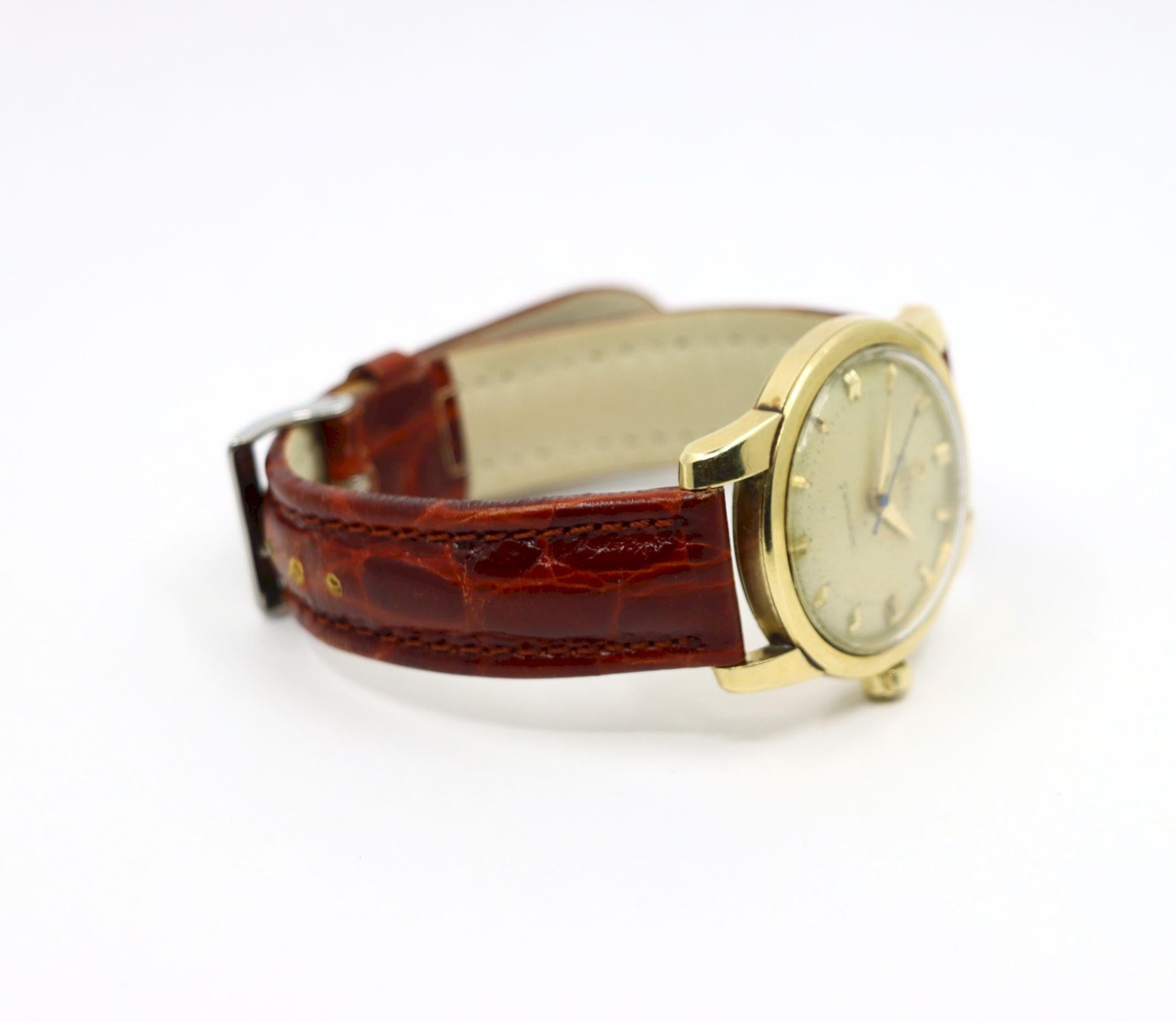 Montre Vintage Omega 14K Gold Automatic Seamaster Brown Leather Pour femmes en vente