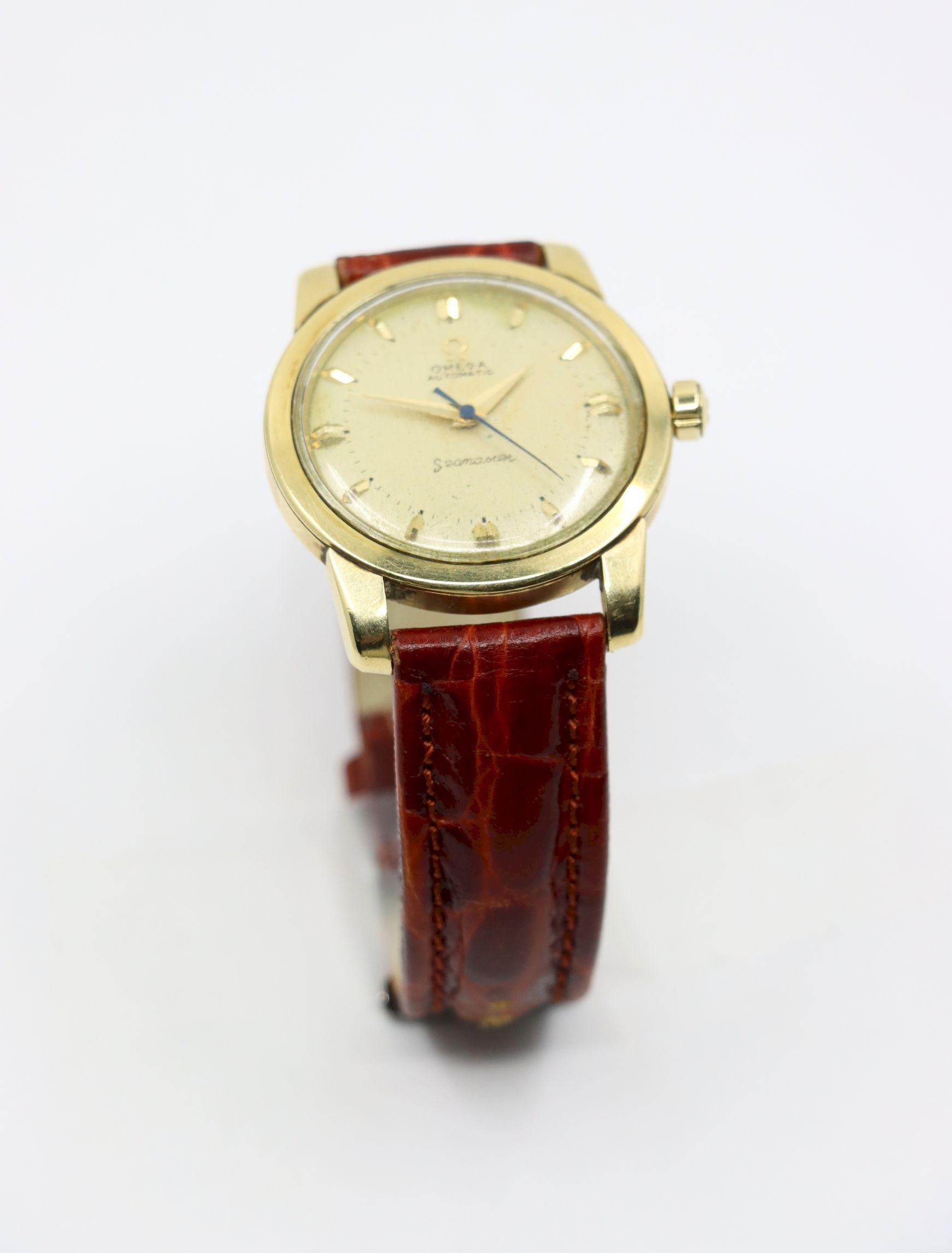 Montre Vintage Omega 14K Gold Automatic Seamaster Brown Leather en vente 1