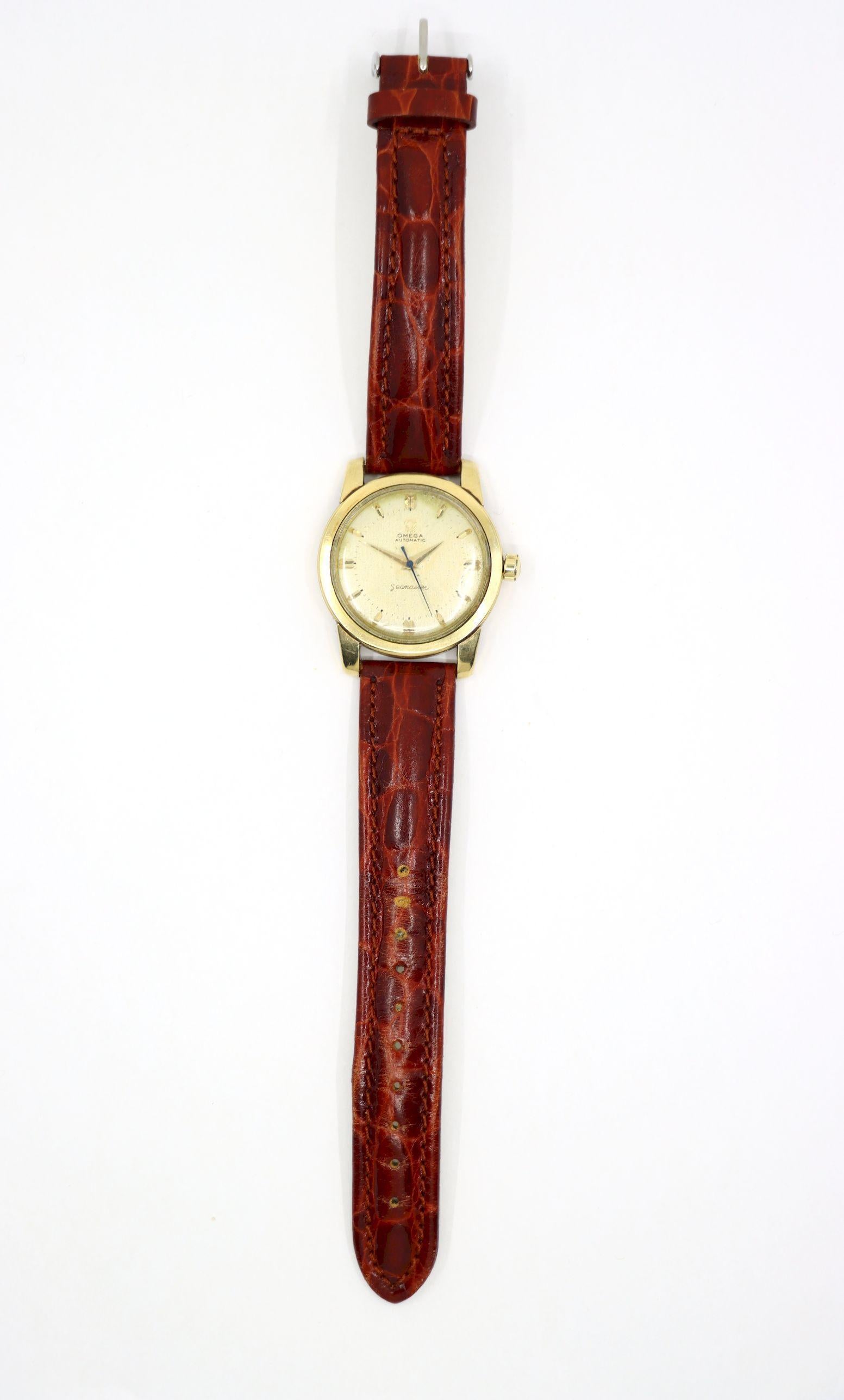 Montre Vintage Omega 14K Gold Automatic Seamaster Brown Leather en vente 2