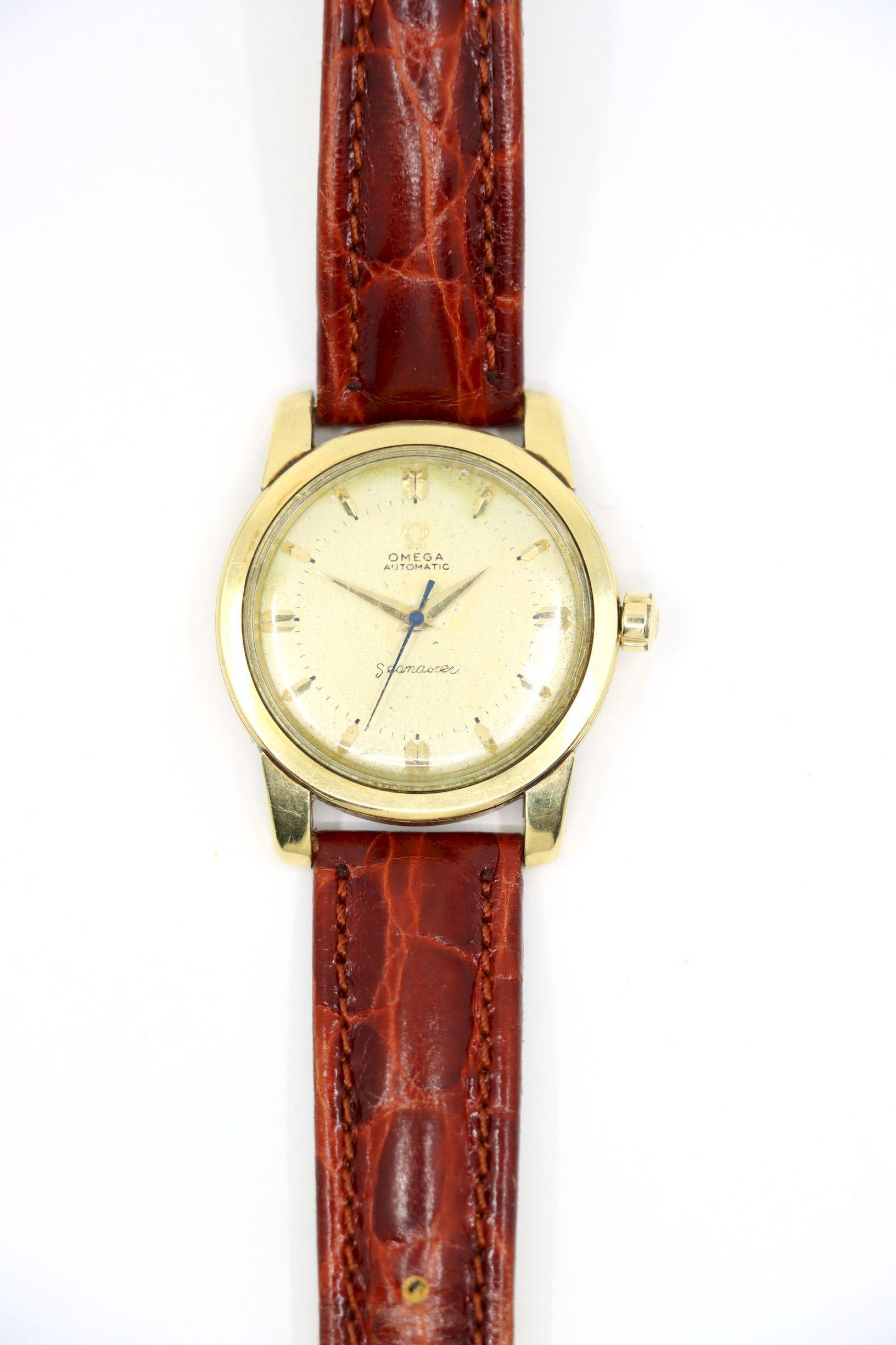 Montre Vintage Omega 14K Gold Automatic Seamaster Brown Leather en vente 3