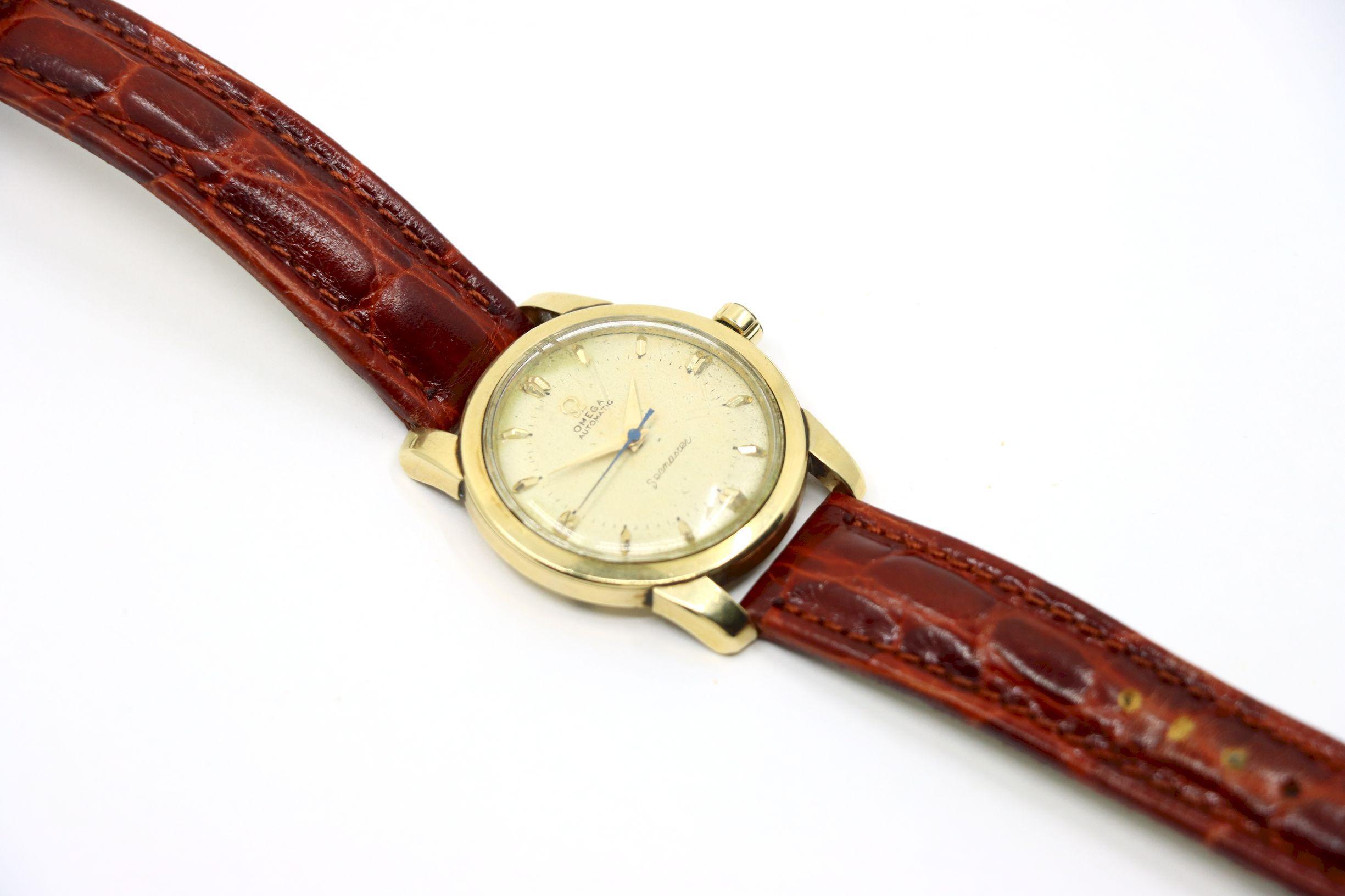 Montre Vintage Omega 14K Gold Automatic Seamaster Brown Leather en vente 4