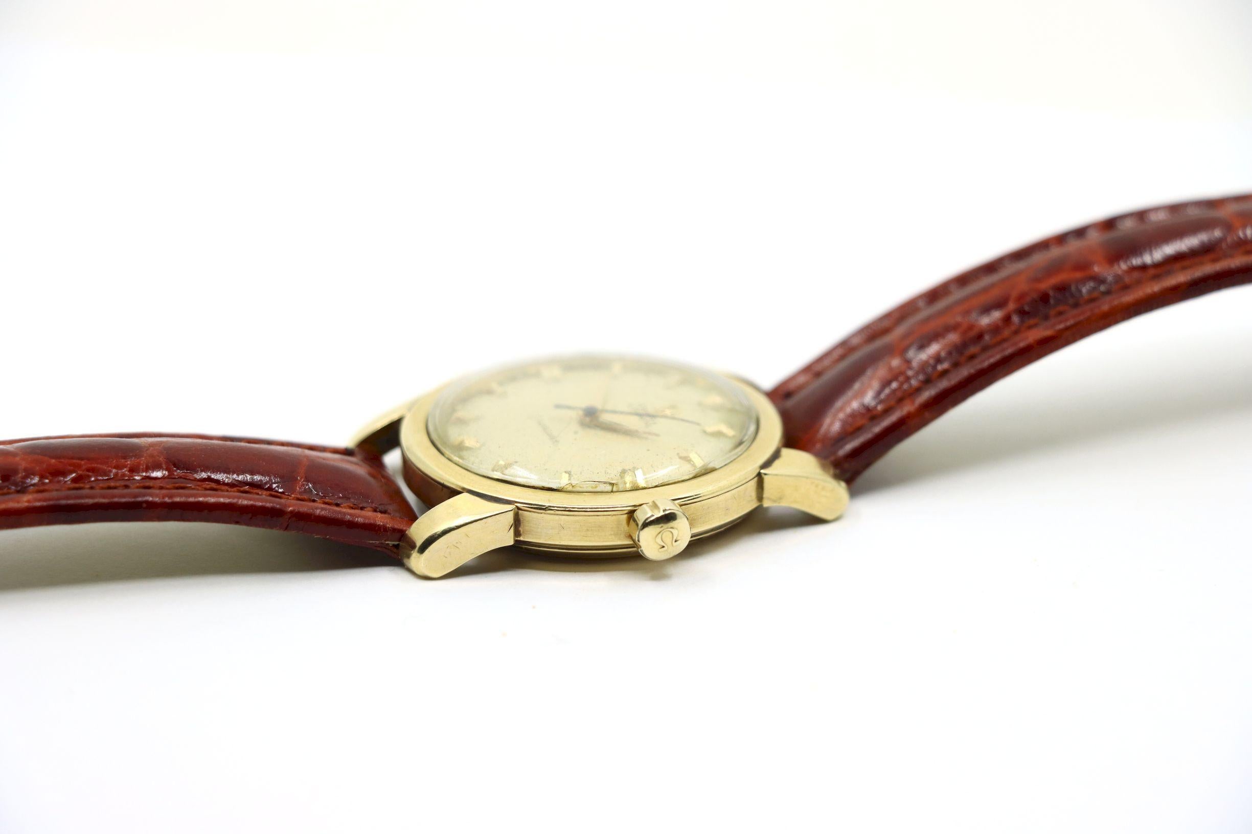 Montre Vintage Omega 14K Gold Automatic Seamaster Brown Leather en vente 5