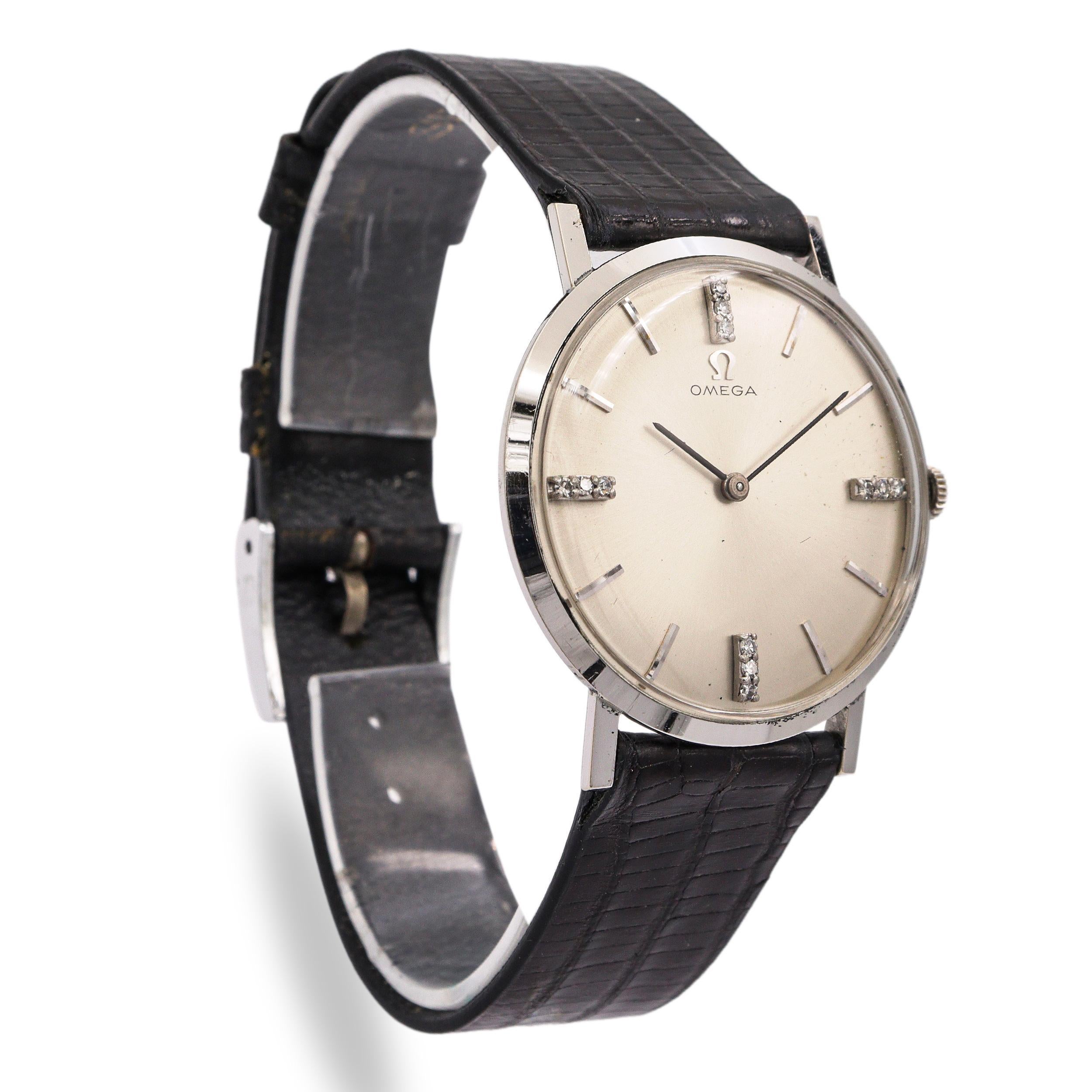 Vintage Omega 14k Weißgold Diamant Hand Wind Herrenuhr Kleid im Zustand „Gut“ im Angebot in New York, NY