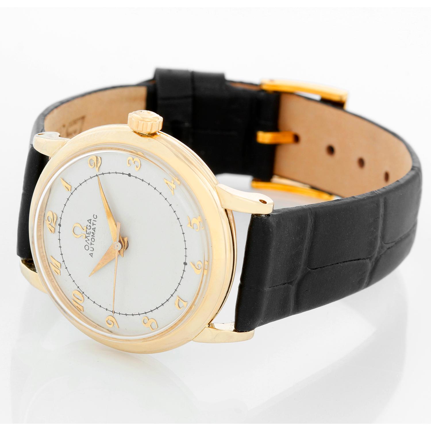 Vintage Omega 14k Yellow Gold Automatic Watch - Automatic winding. 14K Yellow gold ( 33.5 mm). Silver dial with Breguet numbers. Black alligator strap with tang buckle. Pre-owned with custom box. 