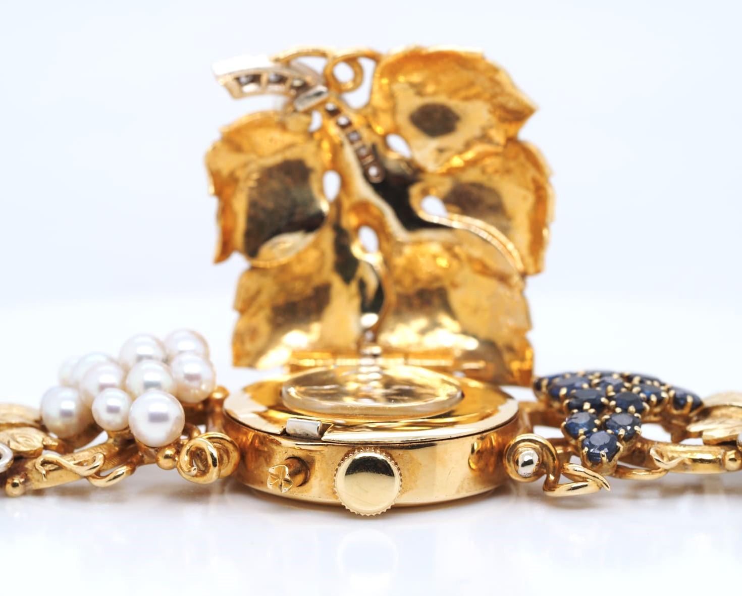 Vintage OMEGA 18K Gold Pearl Sapphire & Diamonds Grape Watch Bracelet Very RARE For Sale 5