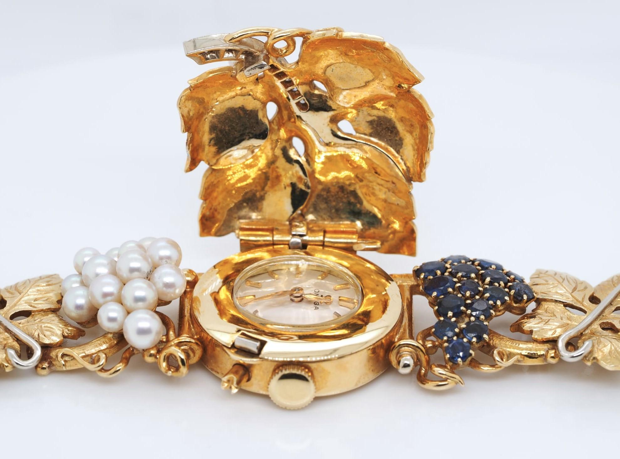 Vintage OMEGA 18K Gold Pearl Sapphire & Diamonds Grape Watch Bracelet Very RARE For Sale 4