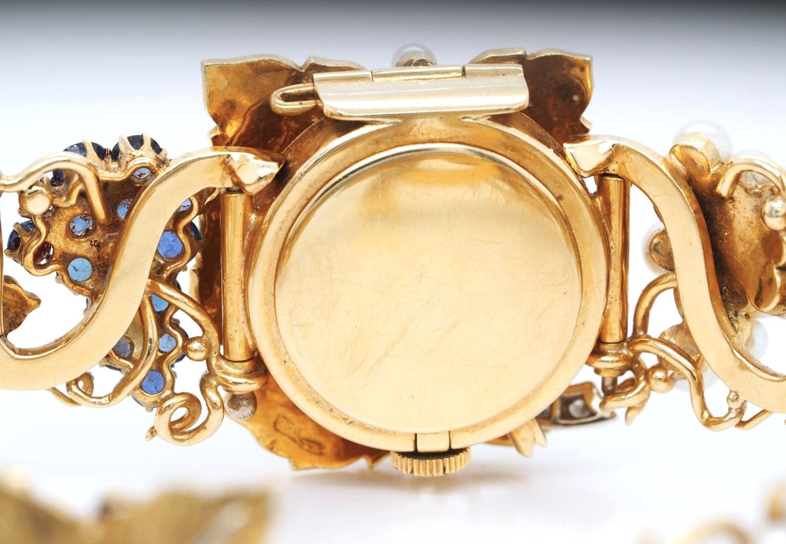 OMEGA Bracelet de montre vintage très rare en or 18 carats, perles, saphirs et diamants en vente 7