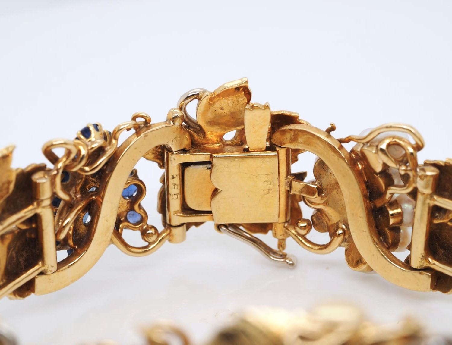 OMEGA Bracelet de montre vintage très rare en or 18 carats, perles, saphirs et diamants Bon état - En vente à Addison, TX